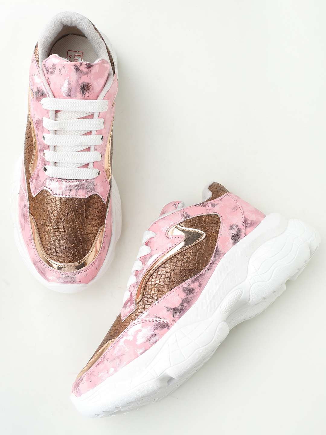 

LONDON STEPS Women Pink & Gold-Toned Colourblocked Sneakers