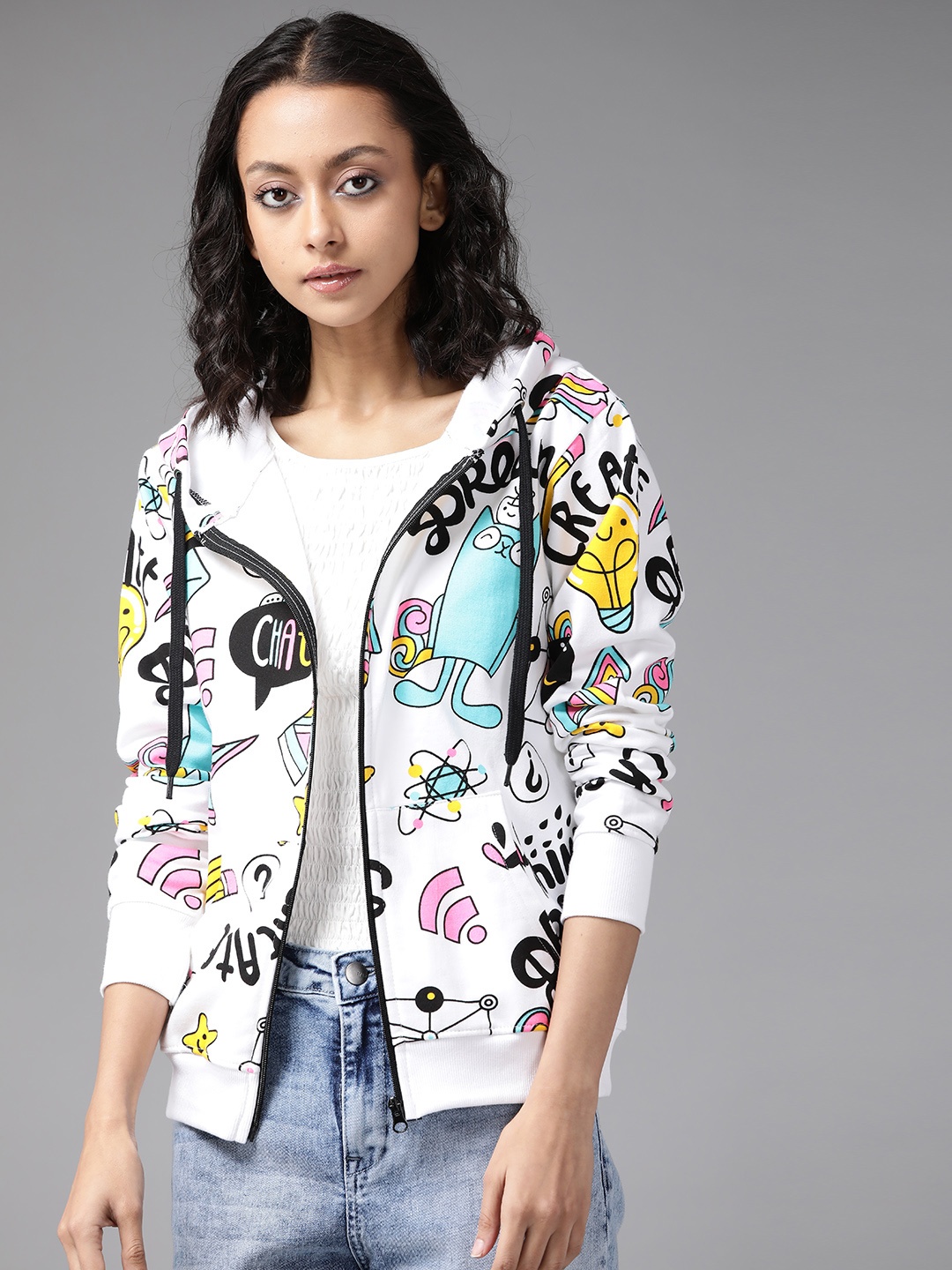 

The Dry State Women Multicoloured Printed Cotton Hooded Sweatshirt, Multi