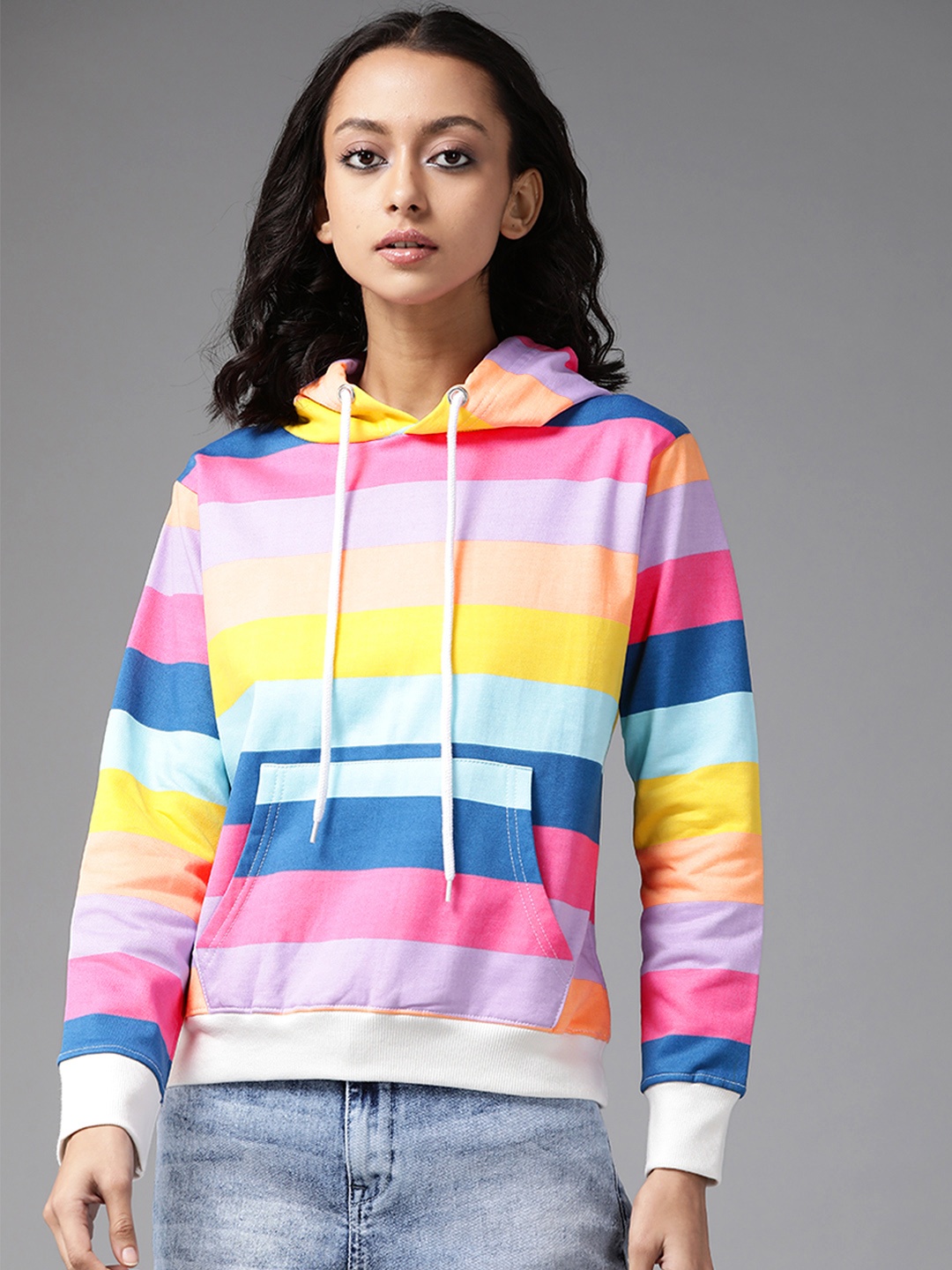 

The Dry State Women Multicoloured Striped Cotton Hooded Sweatshirt, Multi