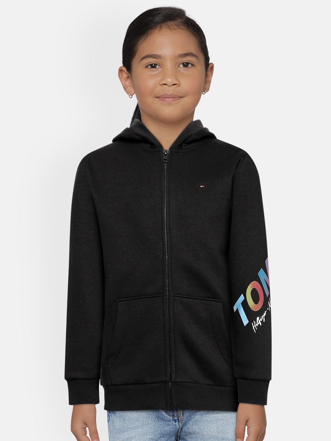 

Tommy Hilfiger Girls Black MULTI SHINE Brand Logo Hooded Sweatshirt