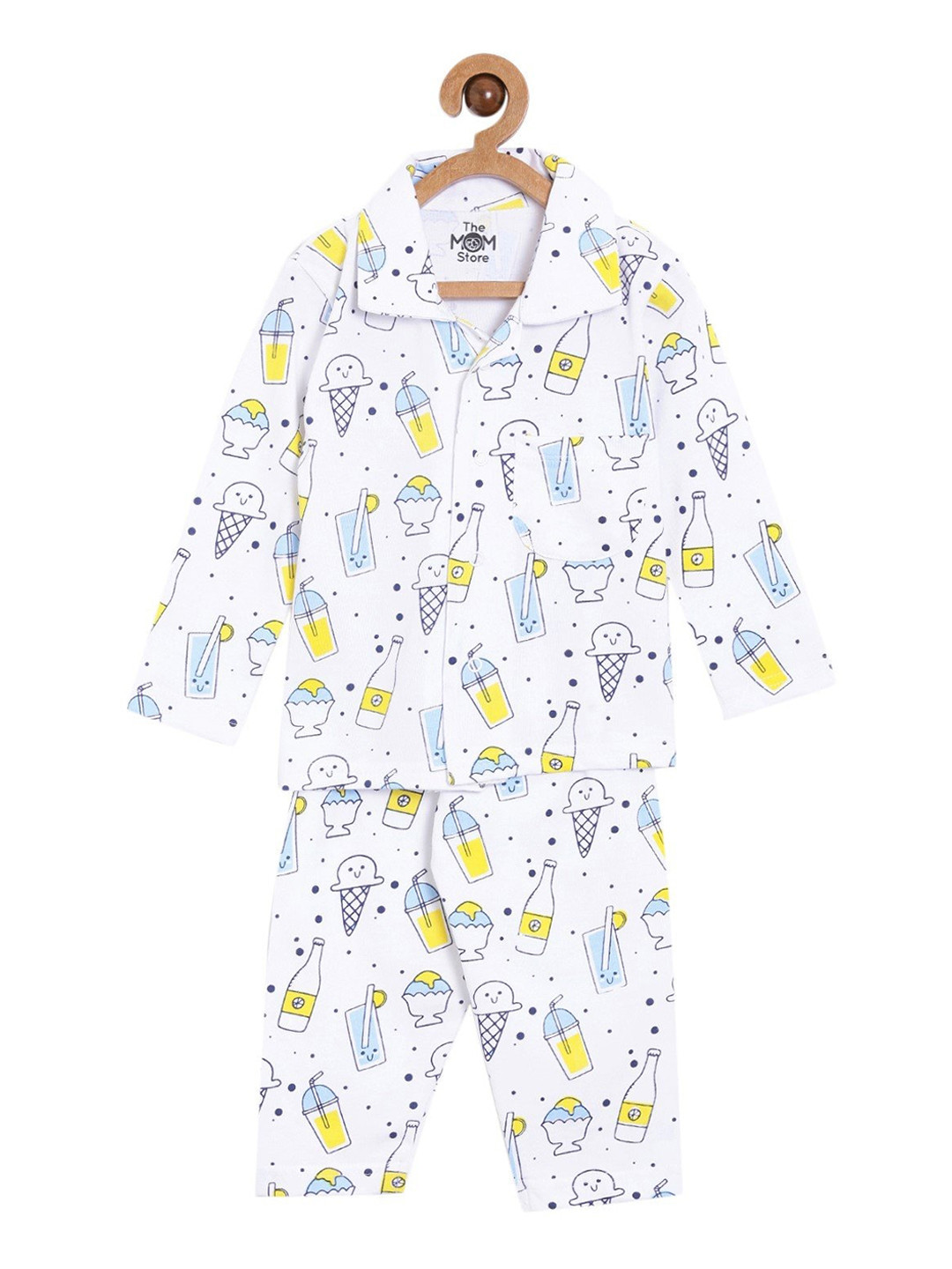 

The Mom Store Kids White & Yellow Printed Night suit