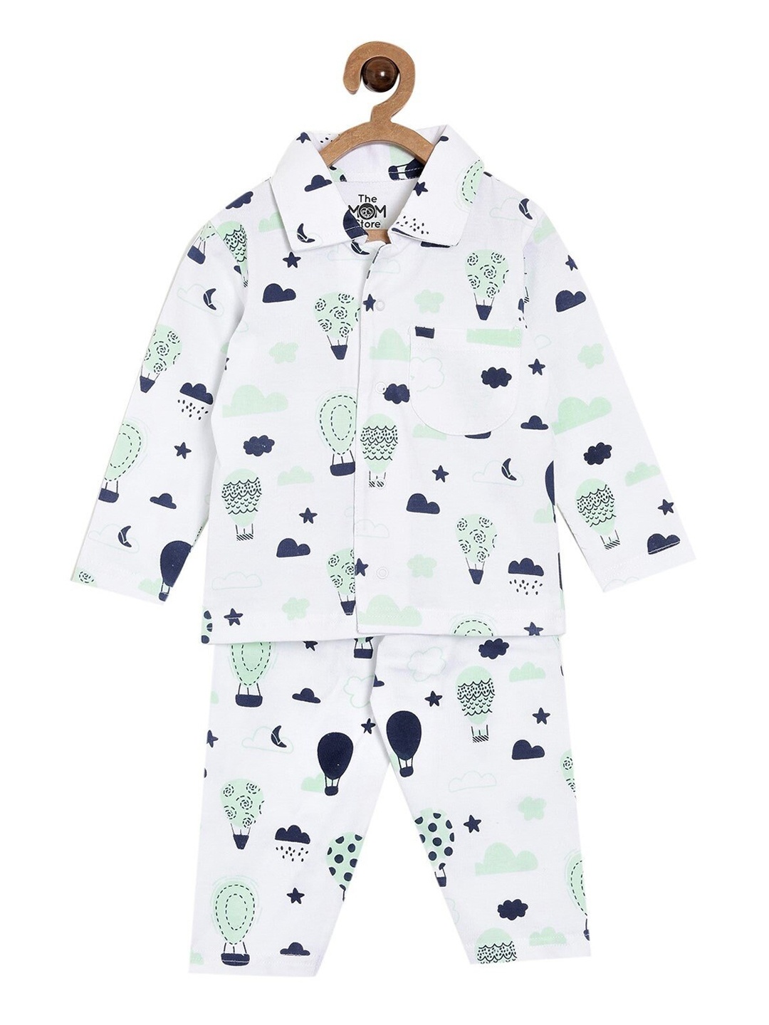 

The Mom Store Kids White & Navy Blue Printed Night suit