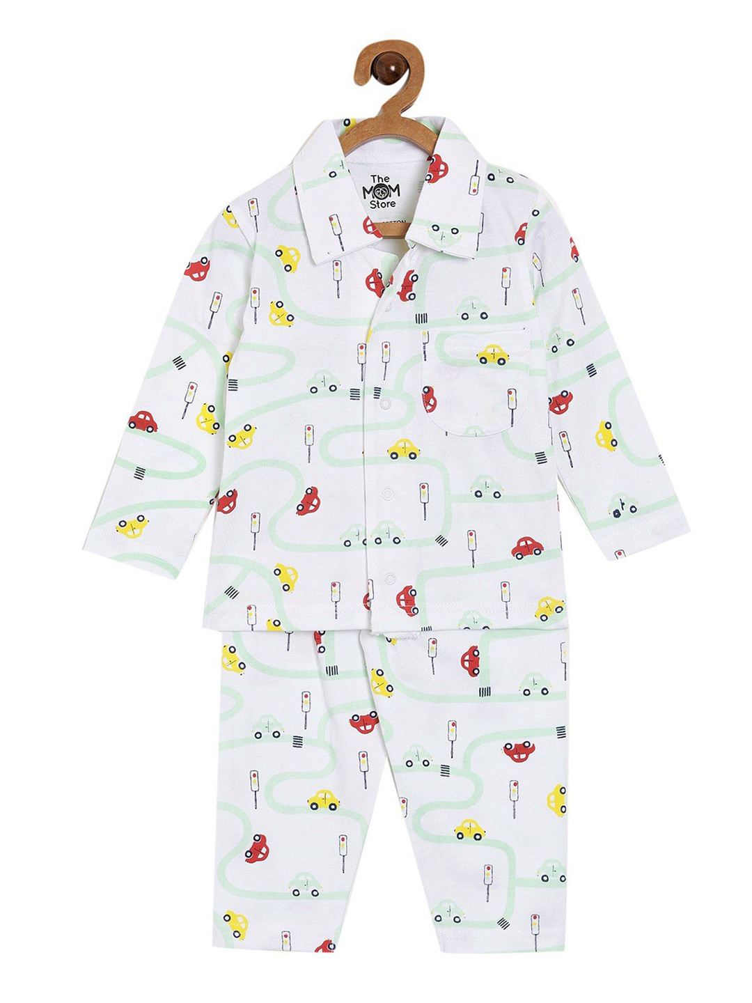 

The Mom Store Unisex Kids Pure Cotton White & Red Printed Night suit