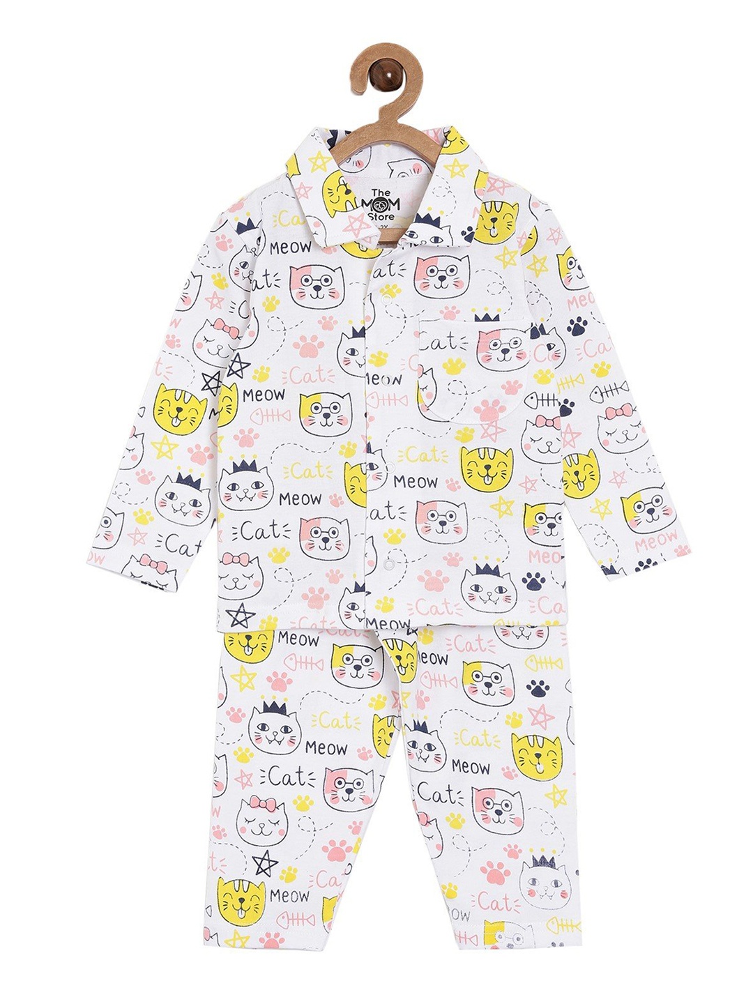 

The Mom Store Unisex Kids Pure Cotton White & Yellow Printed Night suit