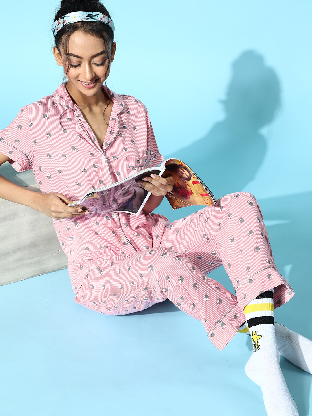 

Sweet Dreams Women Pink Conversational Printed Night Suit