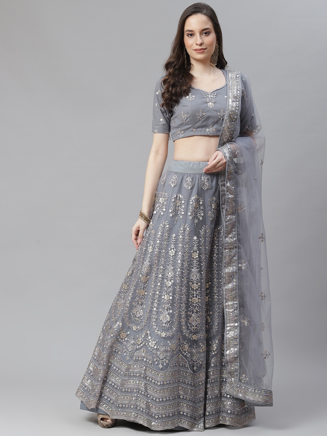 

Readiprint Fashions Grey & Gold-Toned Embroidered Sequinned Semi-Stitched Lehenga & Blouse With Dupatta