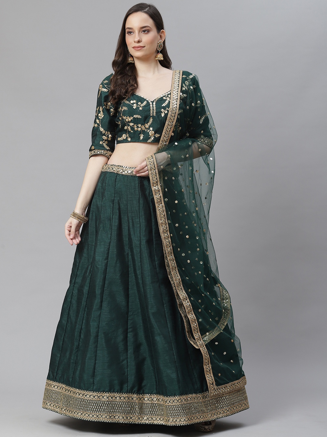 

Readiprint Fashions Green & Gold-Toned Embroidered Sequinned Semi-Stitched Lehenga & Blouse With Dupatta