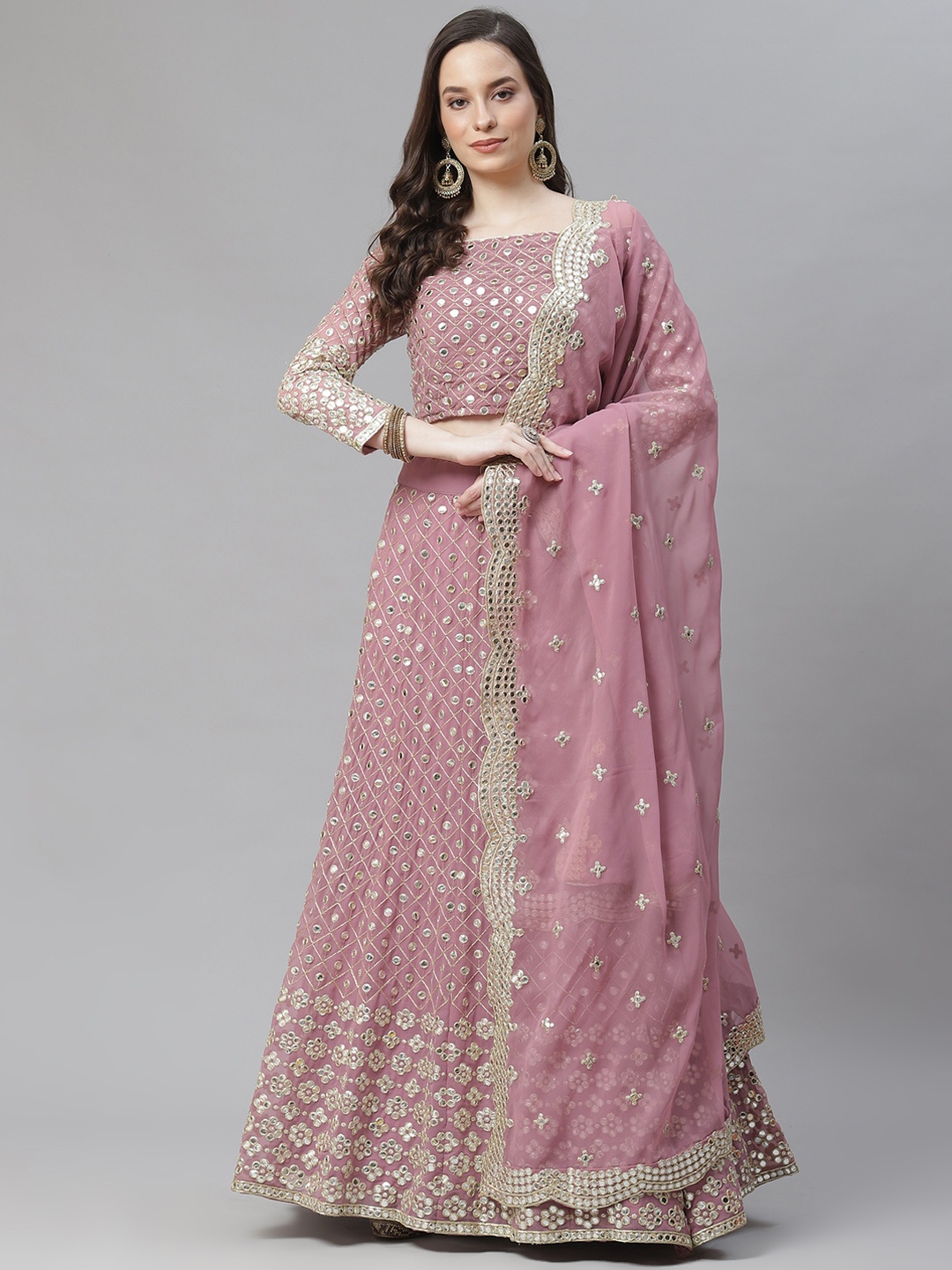 

Readiprint Fashions Mauve Embroidered Semi-Stitched Lehenga & Blouse With Dupatta