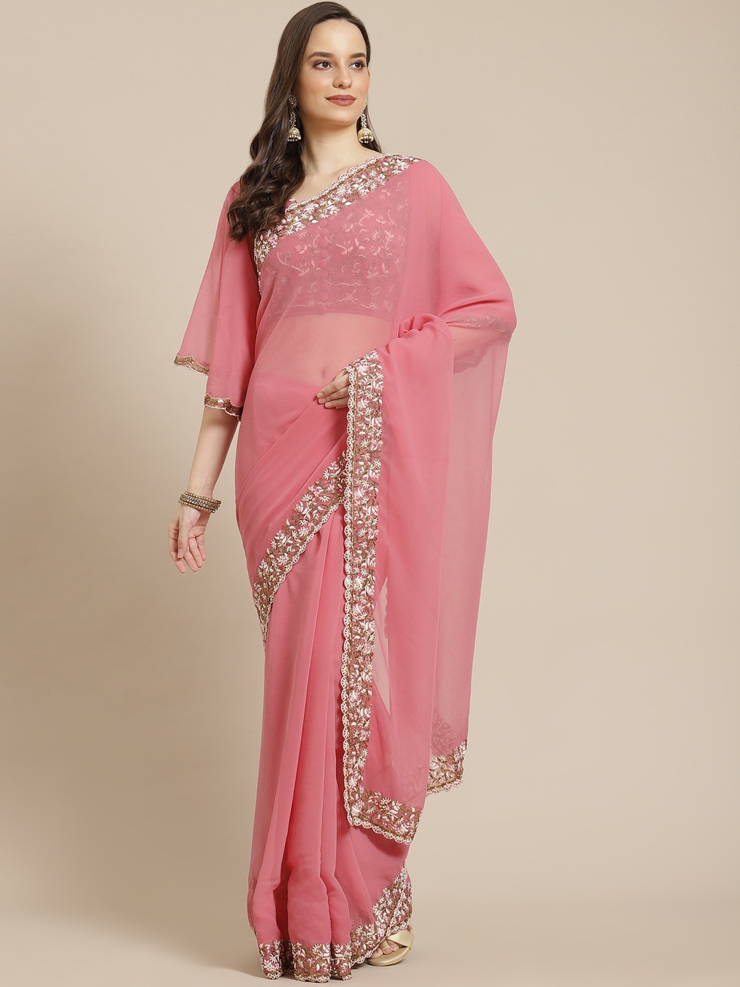 

Readiprint Fashions Pink Poly Georgette Saree With Embroidered Border