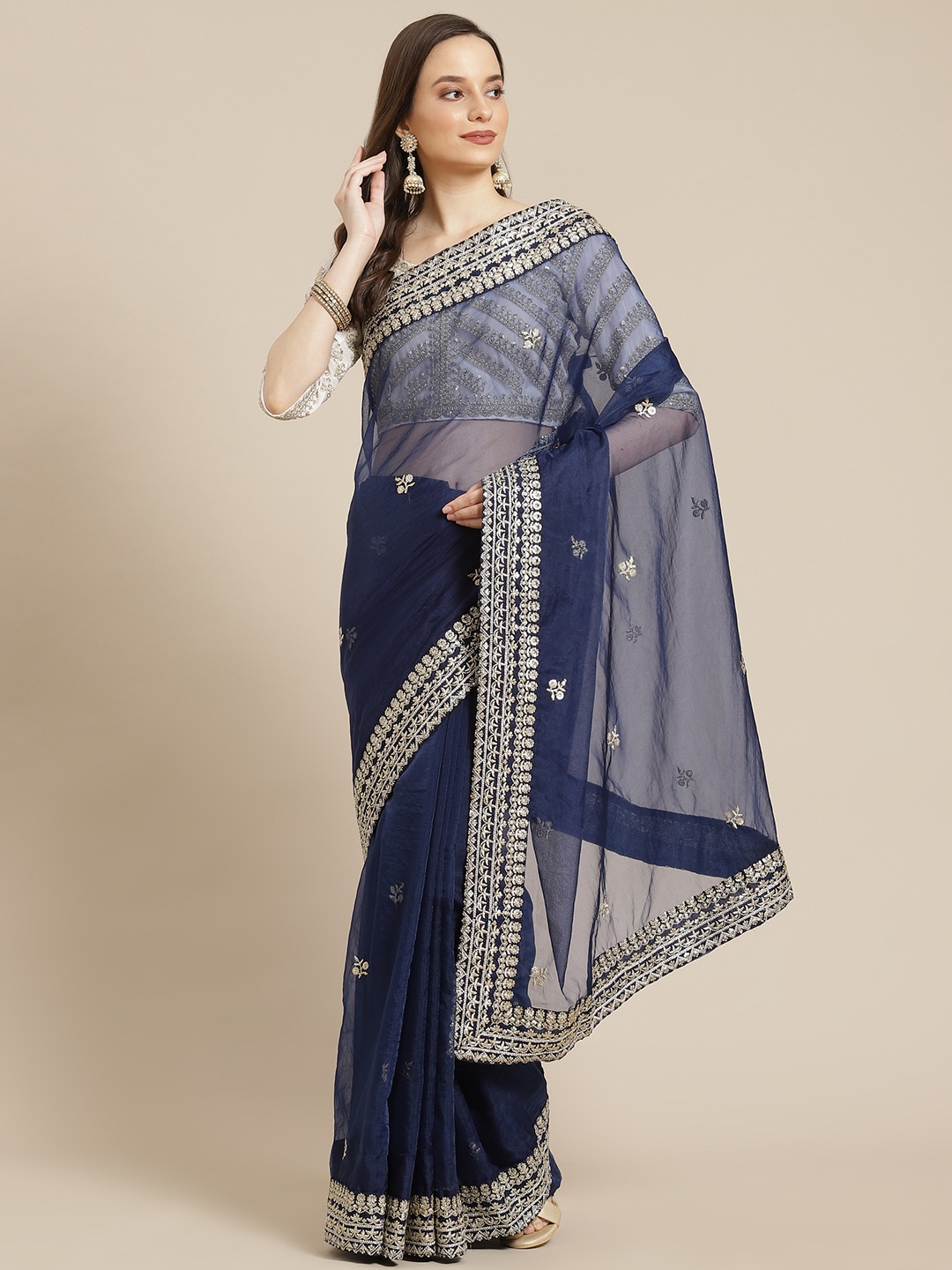 

Readiprint Fashions Blue Floral Zari Organza Tussar Saree