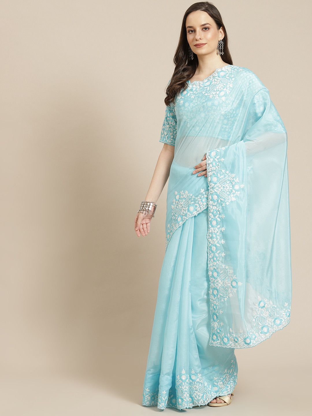 

Readiprint Fashions Turquoise Blue Floral Embroidered Sequinned Organza Tussar Saree