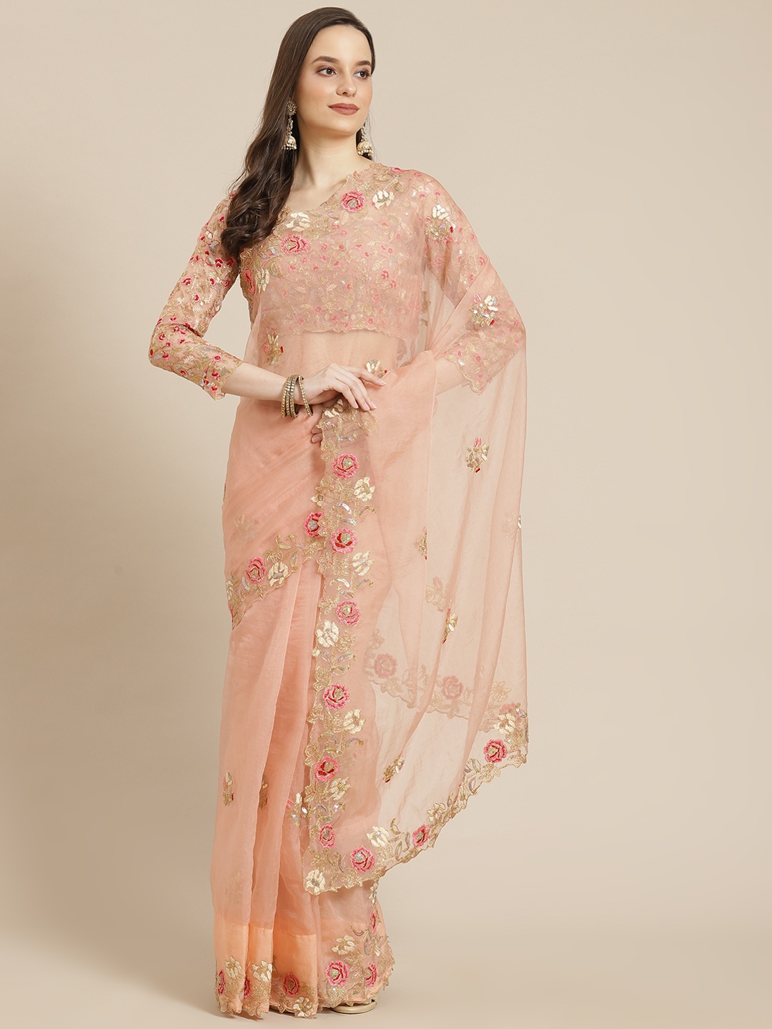 Readiprint Fashions Peach-Coloured Floral Zari Organza Tussar Saree