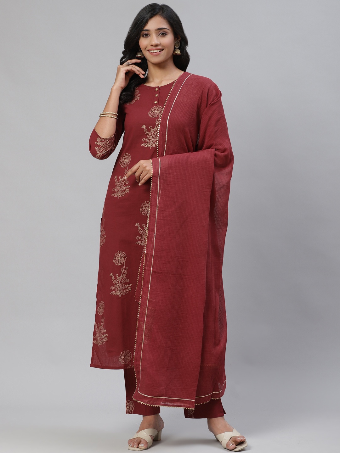

AHIKA Women Maroon & Golden Floral Printed Pure Cotton Kurta with Trousers & Dupatta