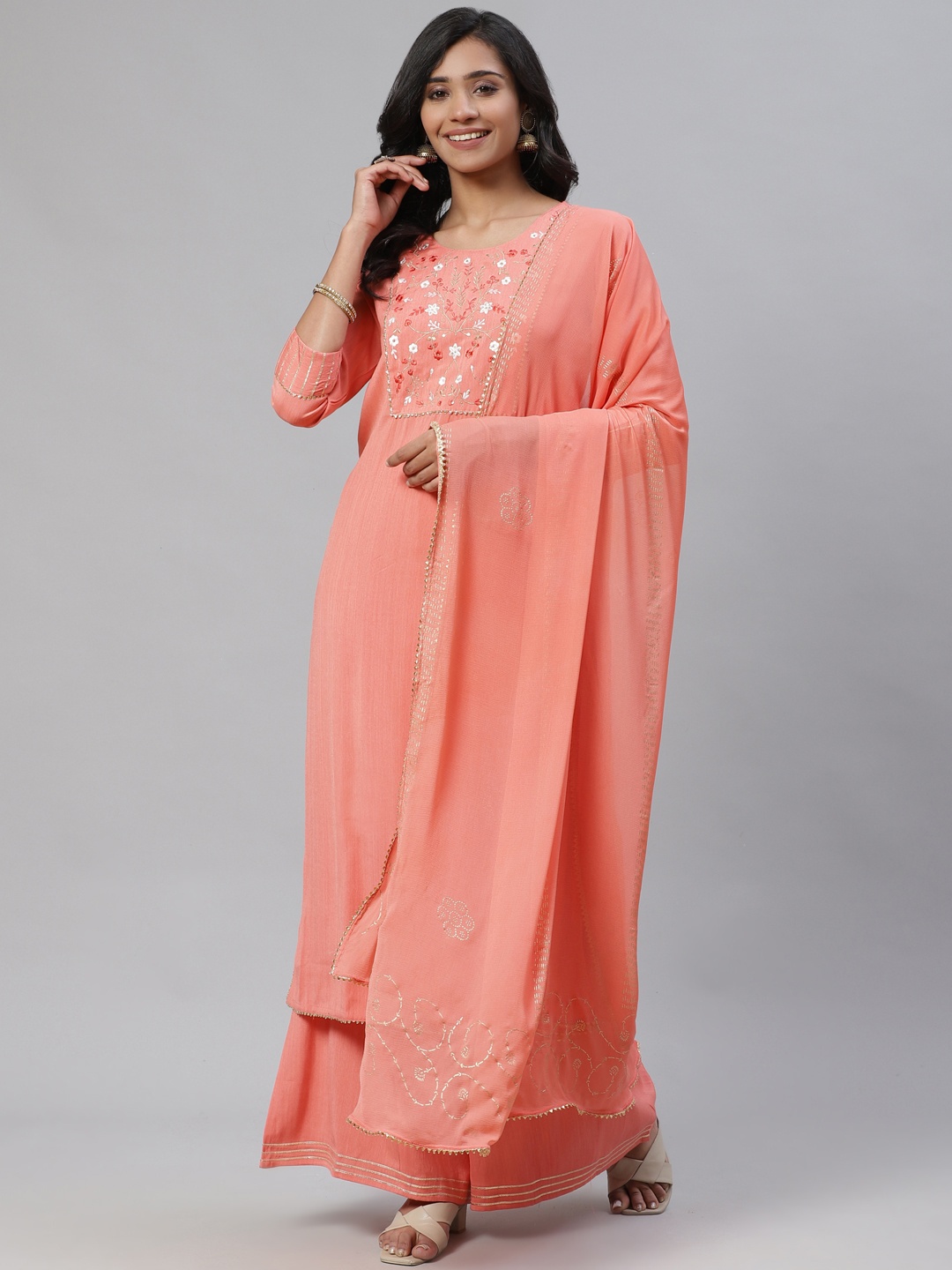 

AHIKA Women Peach-Coloured Yoke Design Pure Cotton Kurta with Palazzos & Dupatta