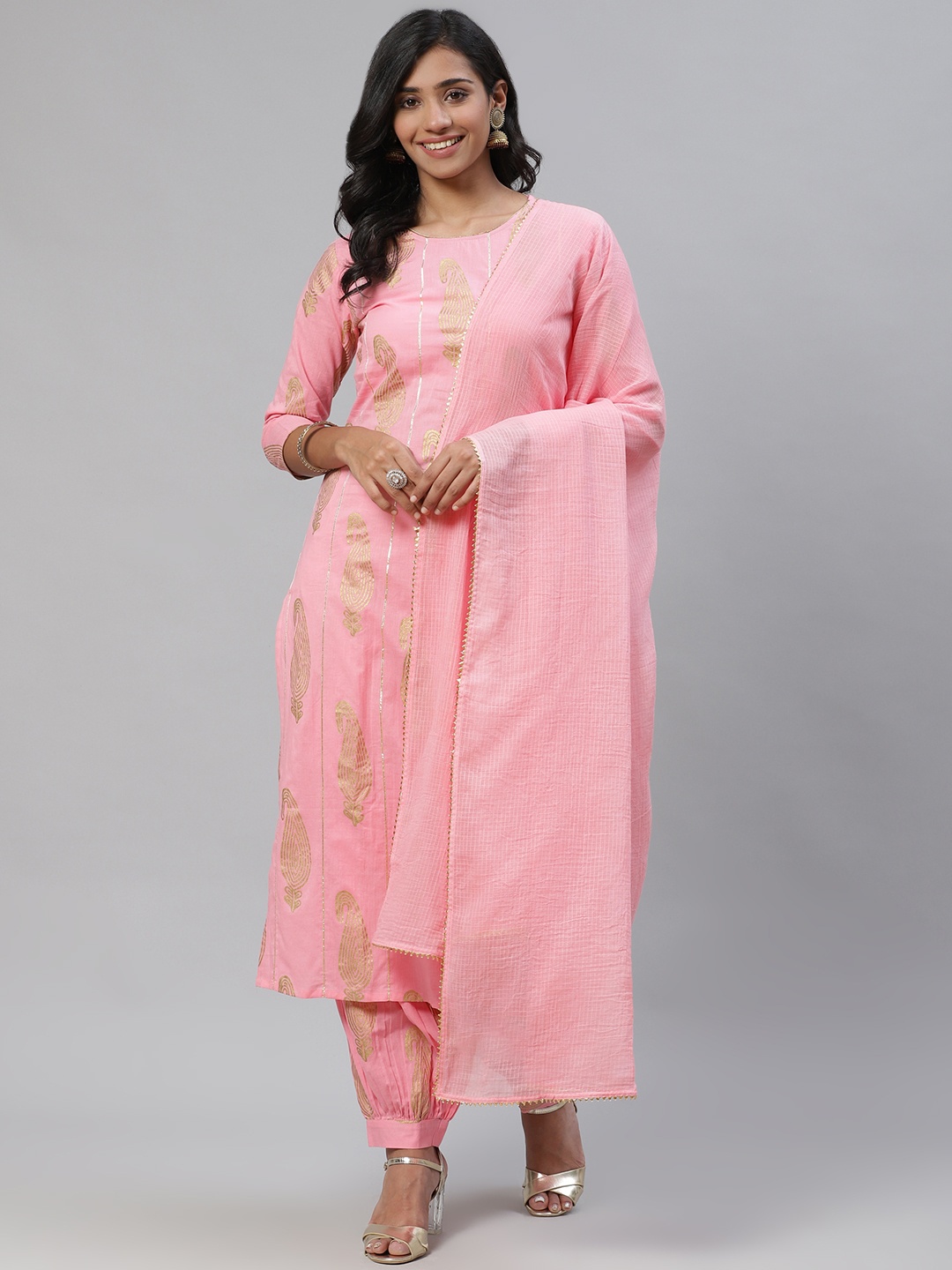 

AHIKA Women Pink & Golden Paisley Printed Pure Cotton Kurta with Salwar & Dupatta