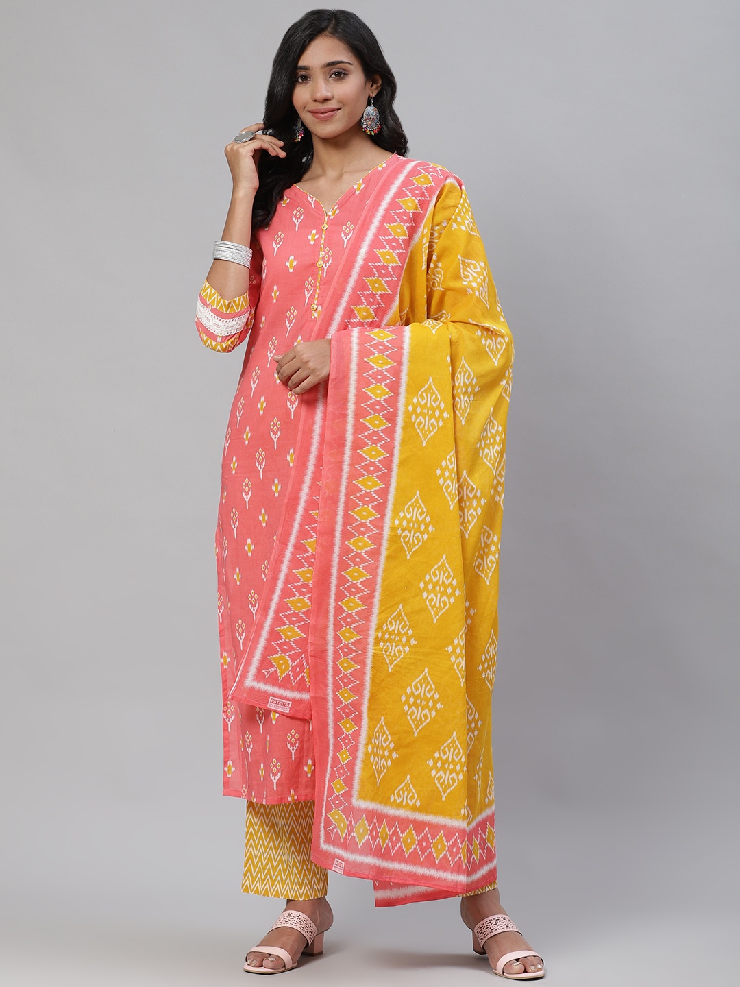 AHIKA Women Pink & Mustard Yellow Ethnic Printed Pure Cotton Kurta with Trousers & Dupatta