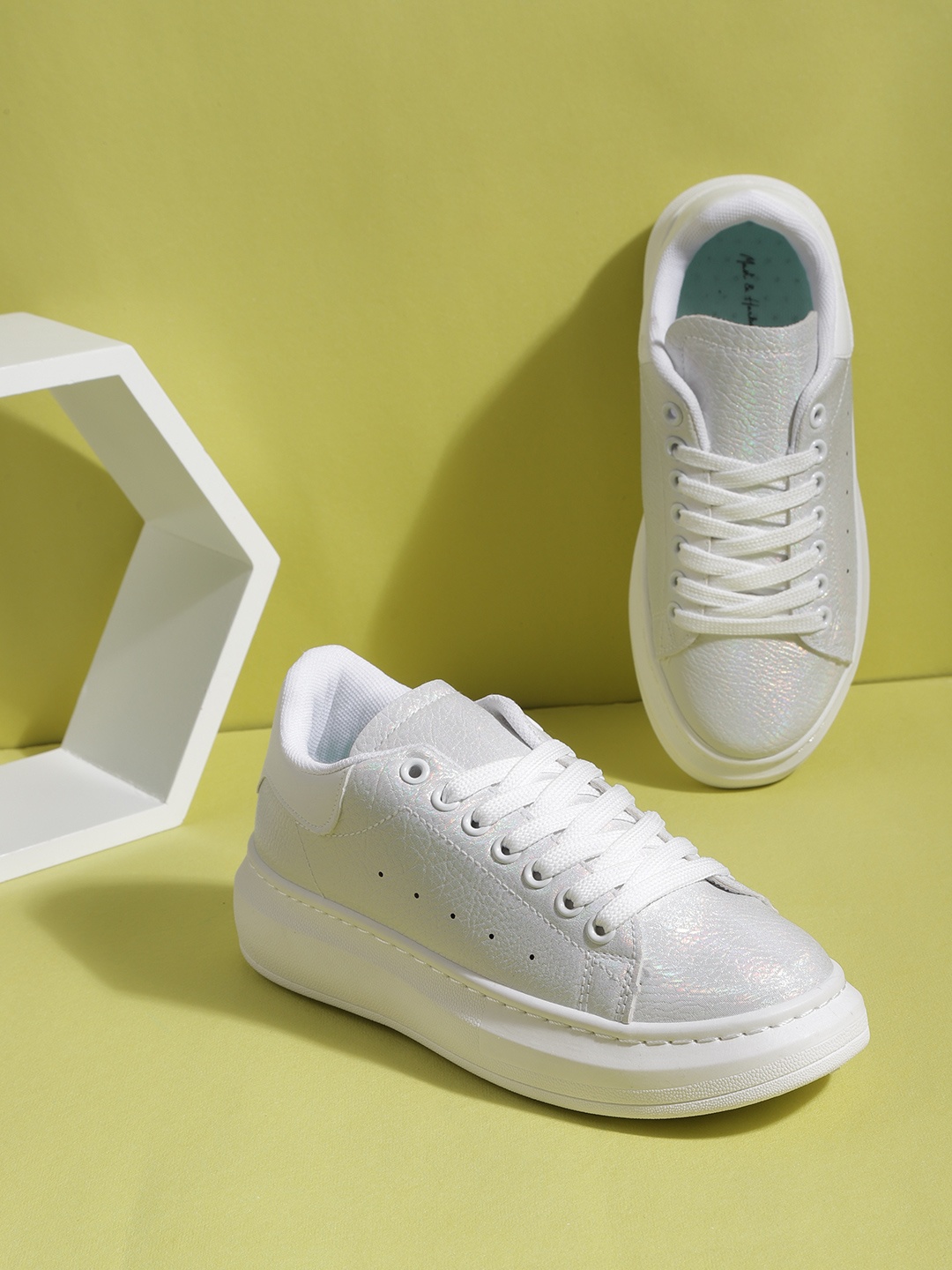 

Mast & Harbour Women Silver-Toned Iridescent Effect Perforated Detail Flatform Sneakers