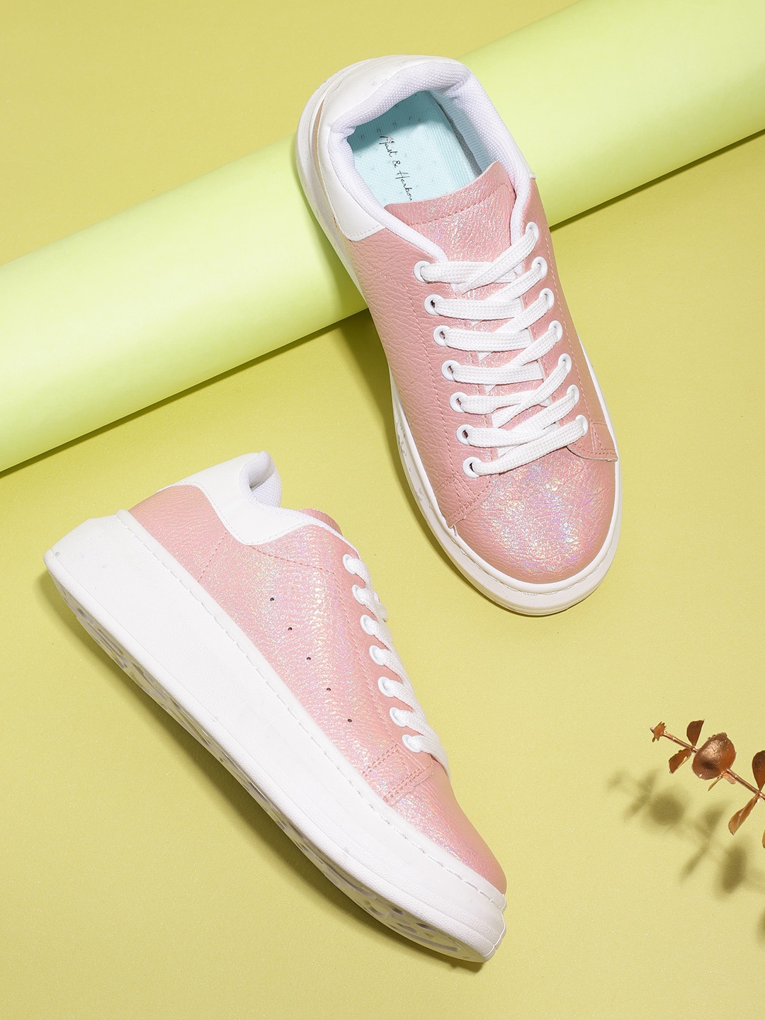 

Mast & Harbour Women Peach-Coloured Iridescent Effect Perforated Detail Flatform Sneakers