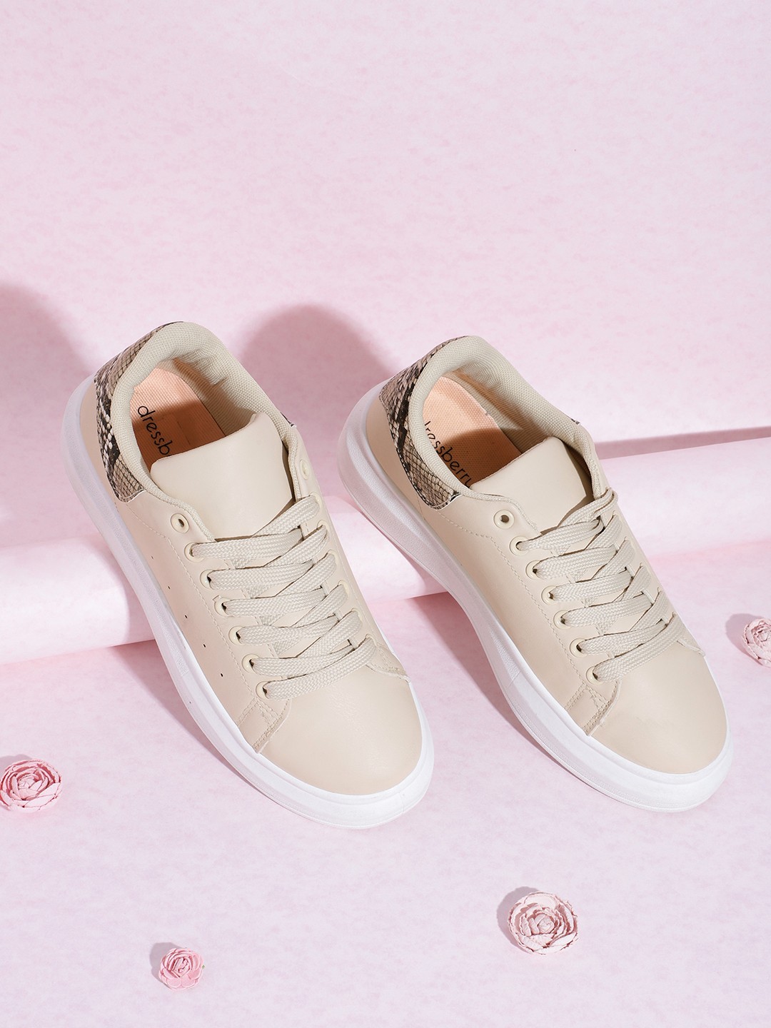 

DressBerry Women Beige & Coffee Brown Solid Flatform Sneakers with Perforated Detail
