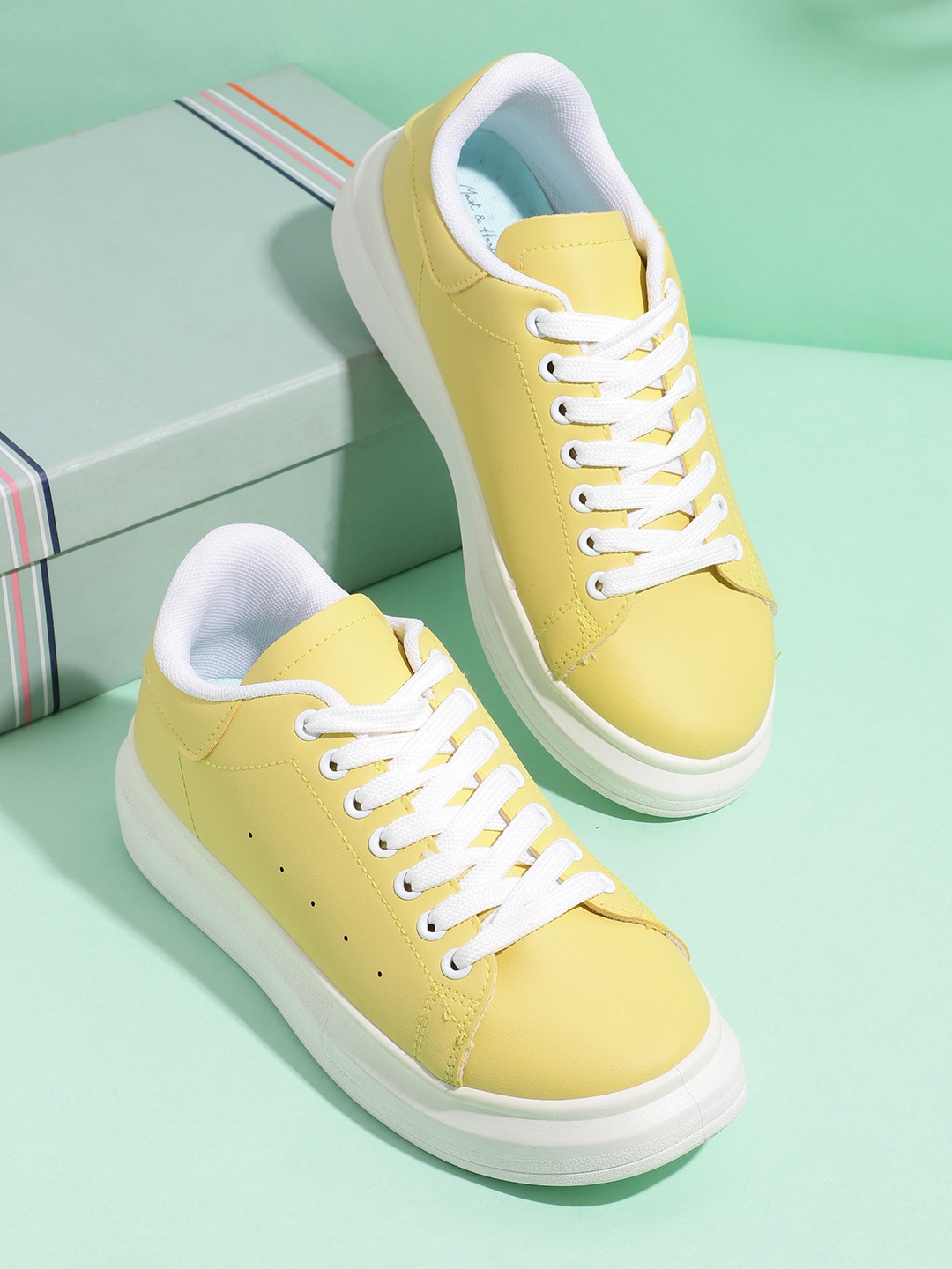 

Mast & Harbour Women Yellow Solid Flatform Sneakers with Perforated Detail