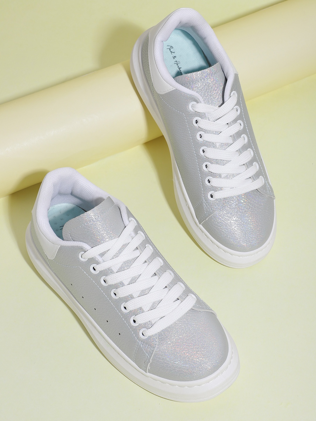 

Mast & Harbour Women Blue Iridescent Effect Flatform Sneakers with Perforated Detail