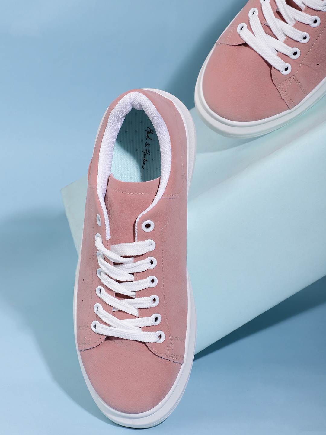

Mast & Harbour Women Peach-Coloured Textured Suede Finish Perforated Flatform Sneakers