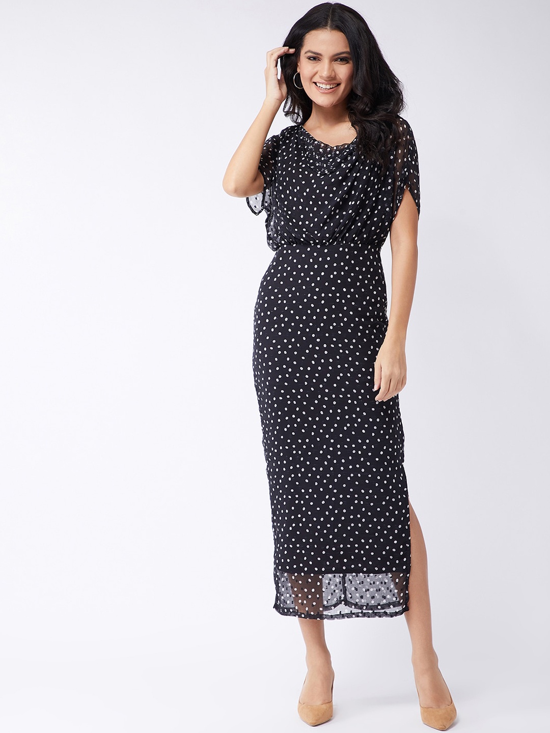 

Zima Leto Women Black & White Polka Dot Cowl Neck Georgette Blouson Midi Dress