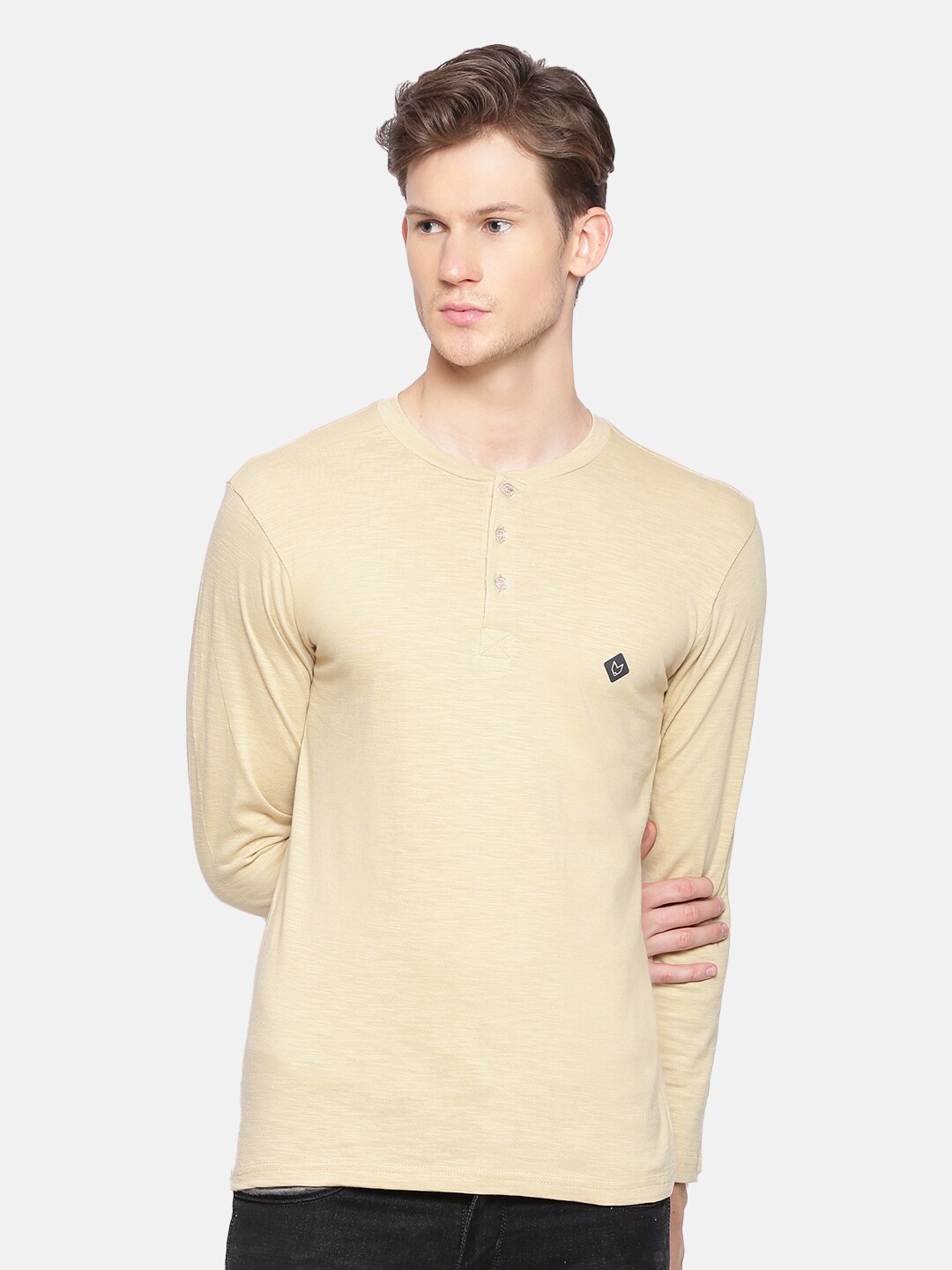 

Almo Wear Men Nude-Coloured Pure Cotton Slub Henley Neck T-shirt