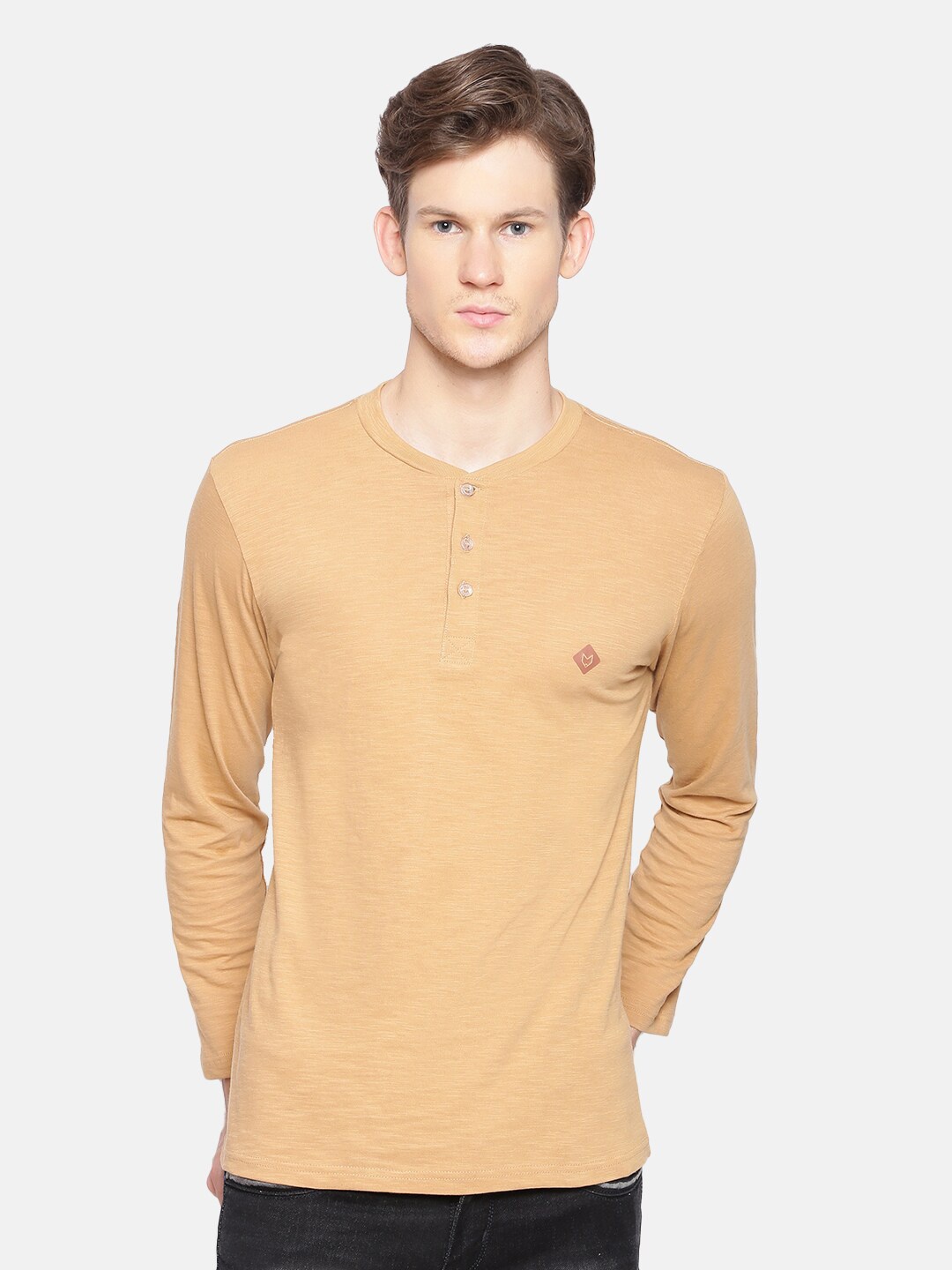 

Almo Wear Men Beige Pure Cotton Slub Henley Neck T-shirt