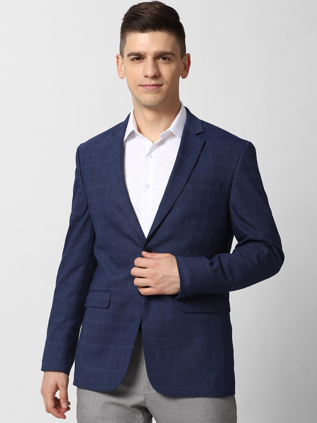

Peter England Elite Men Navy Blue Checked Slim-Fit Single-Breasted Formal Blazer