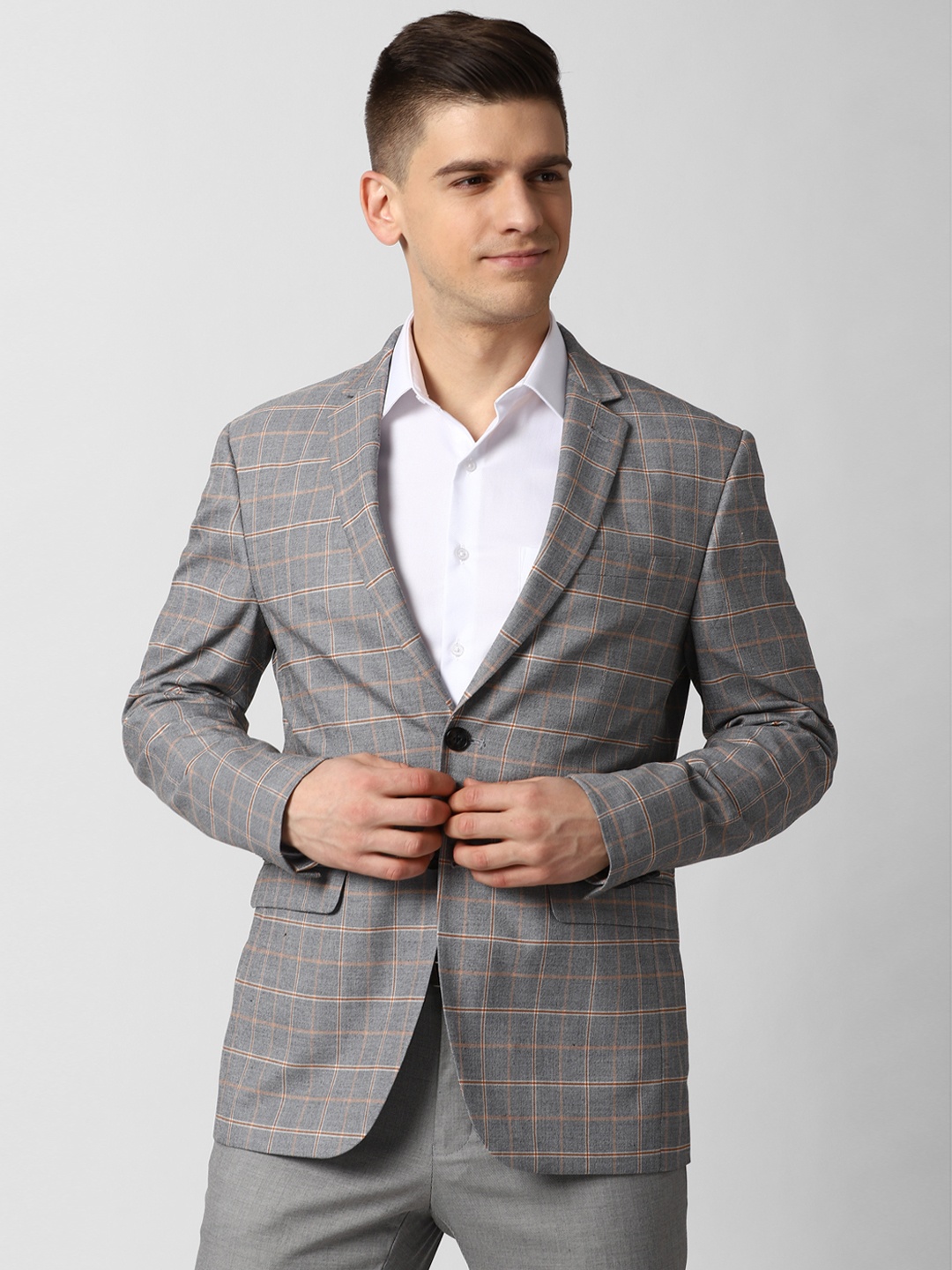 

Peter England Elite Men Grey & Brown Checked Slim-Fit Single-Breasted Formal Blazer