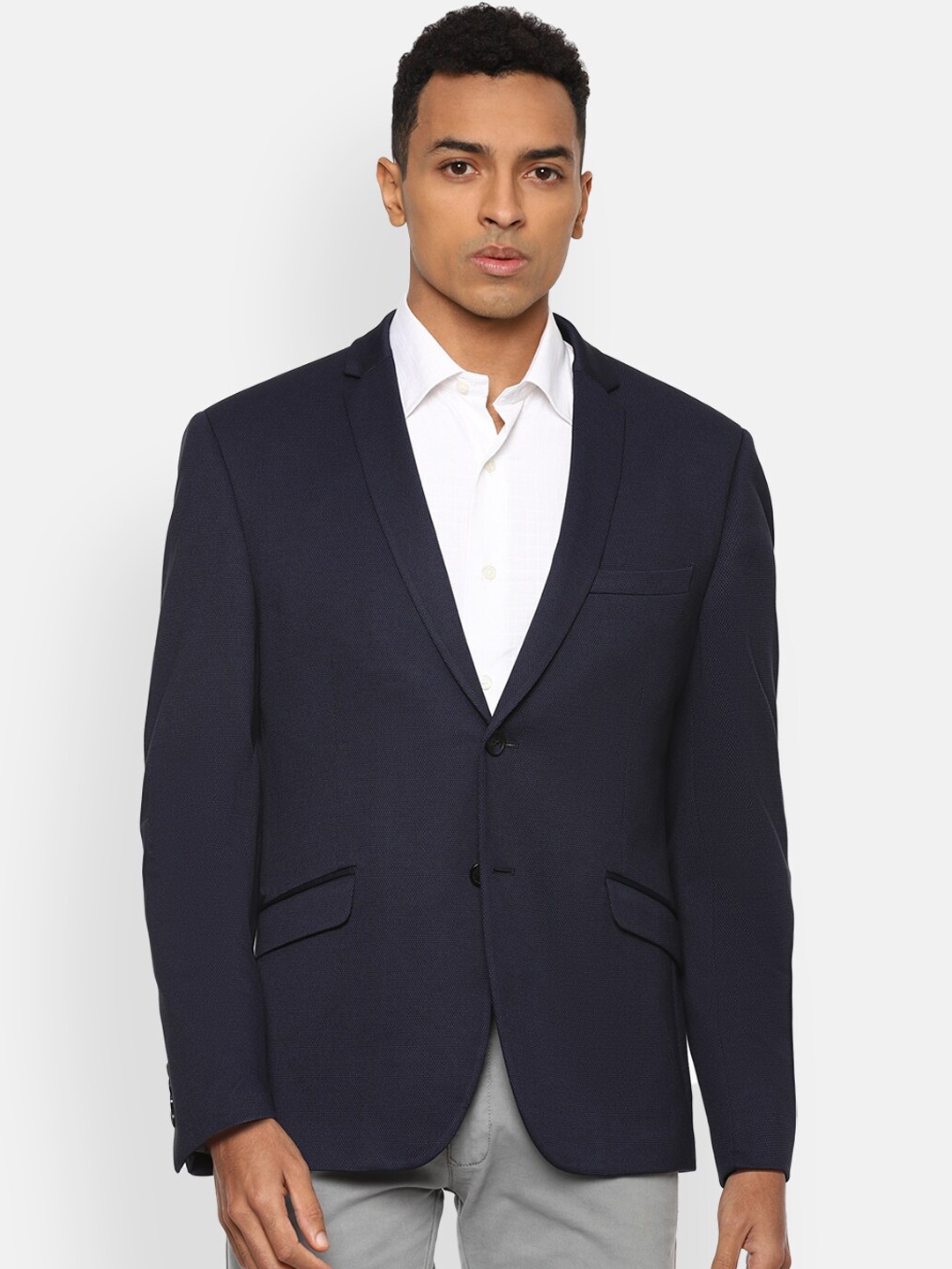 

V Dot Men Navy Blue Solid Slim-Fit Single-Breasted Formal Blazer