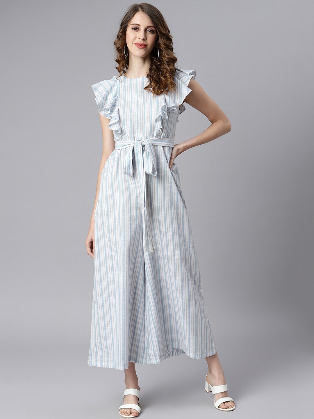 

Janasya Women Striped Waist Tie-Ups Ruffles Basic Jumpsuit, White