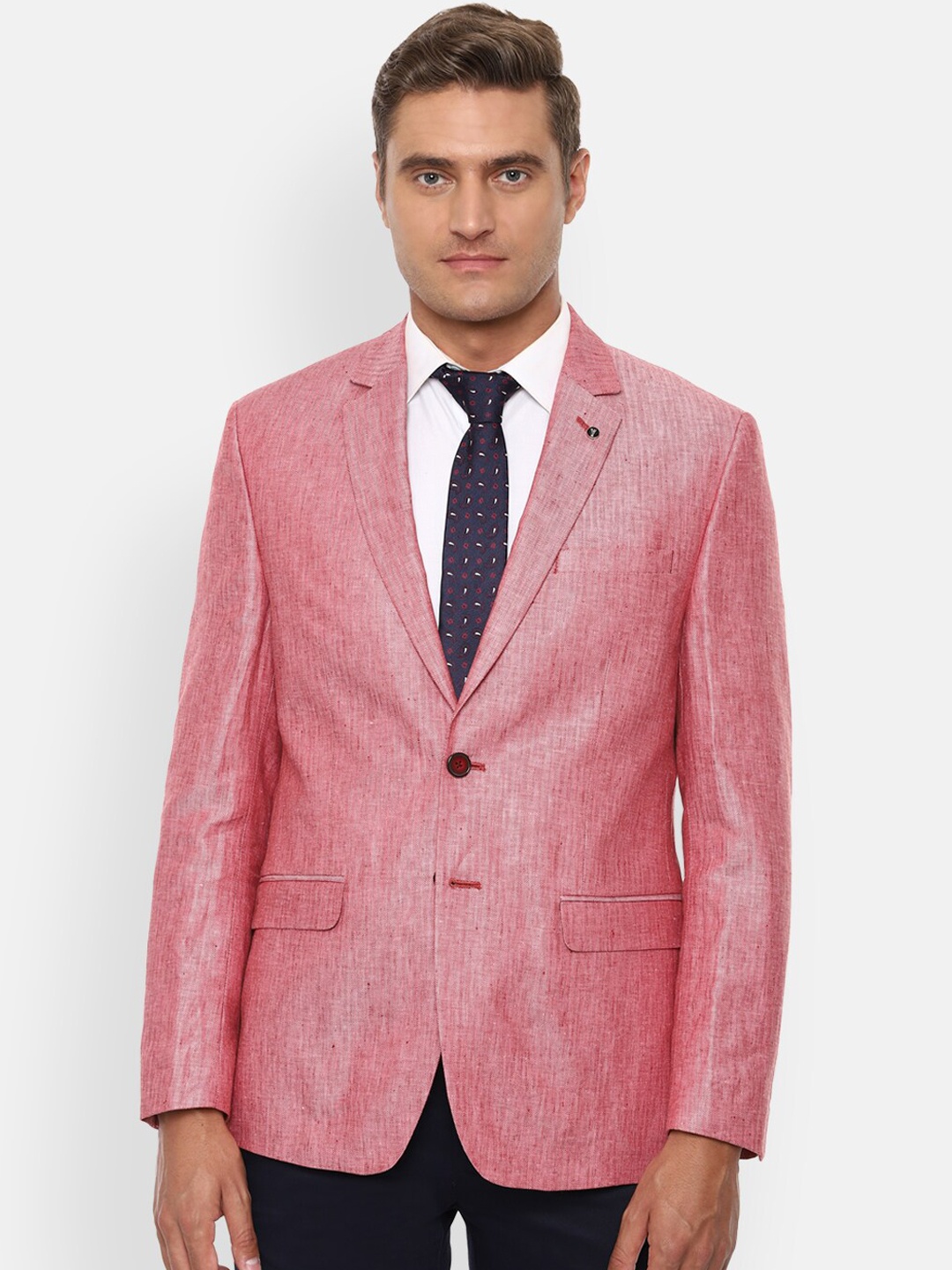 

Van Heusen Men Pink Self-Design Slim-Fit Single-Breasted Pure Linen Formal Blazer