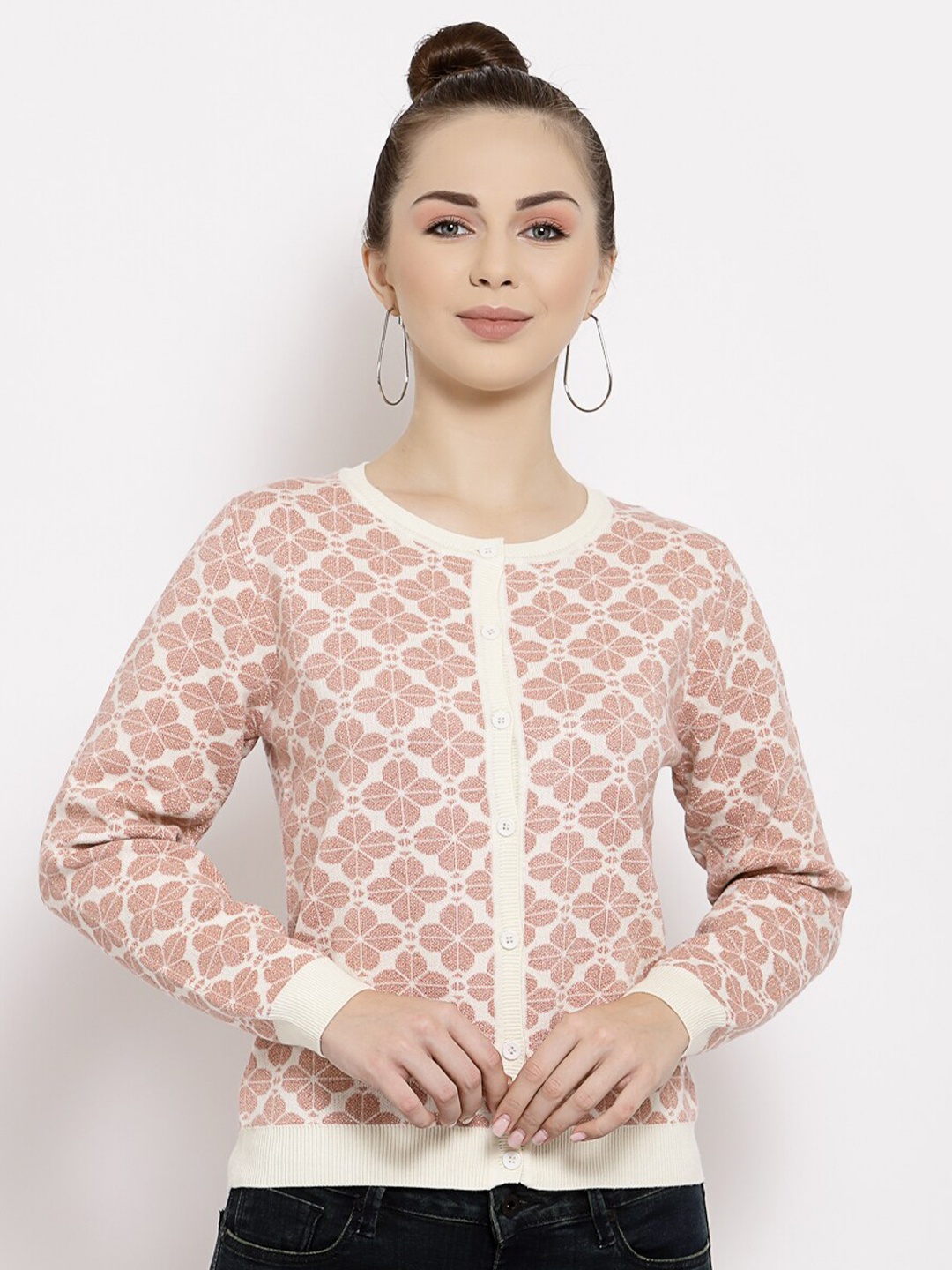 

Mafadeny Women Peach-Coloured & White Cardigan