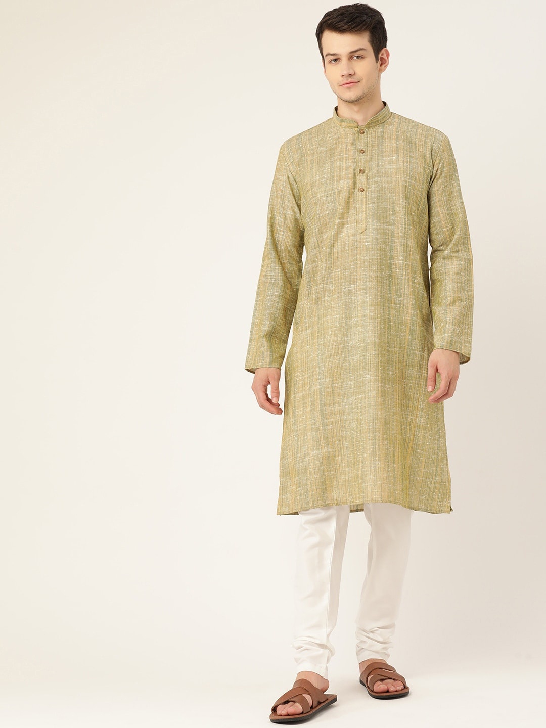 

RAJUBHAI HARGOVINDAS Men Green & Yellow Handloom Khadi Kurta