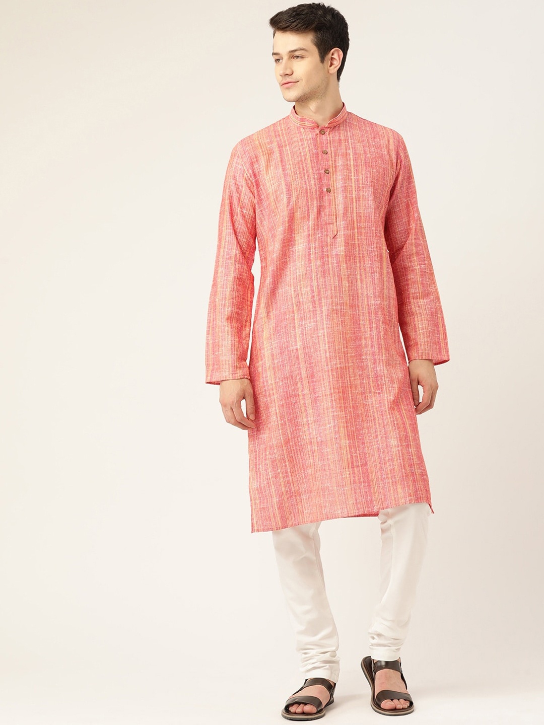 

RAJUBHAI HARGOVINDAS Men Pink & Yellow Striped Pure Cotton Handloom Kurta