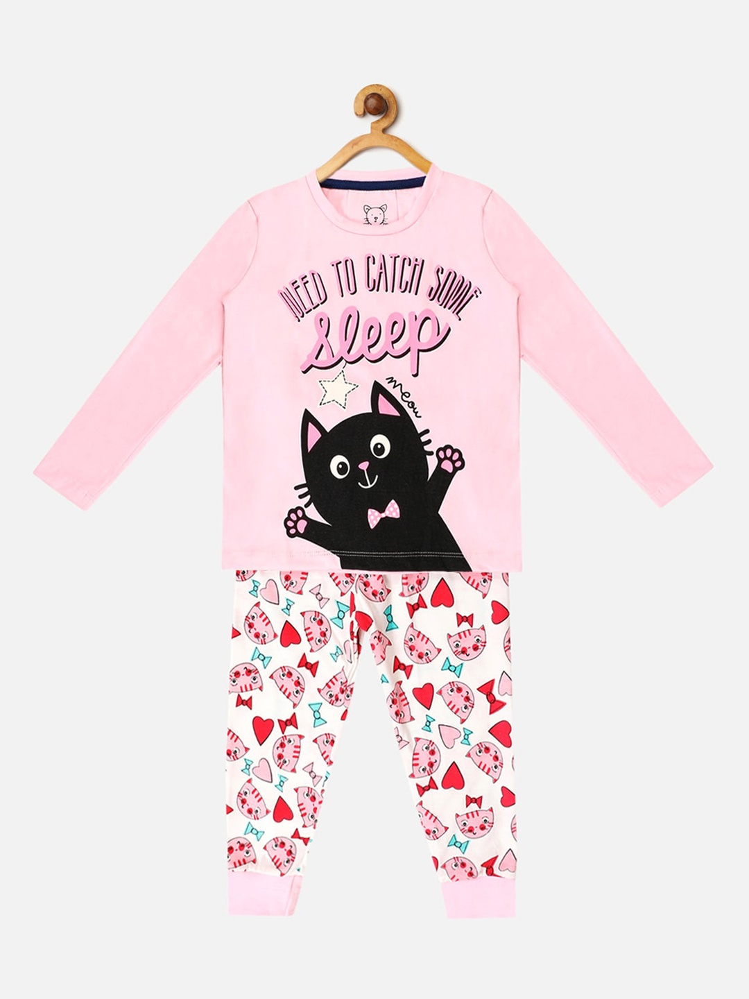 

Lazy Shark Girls Pink & White Printed Night suit