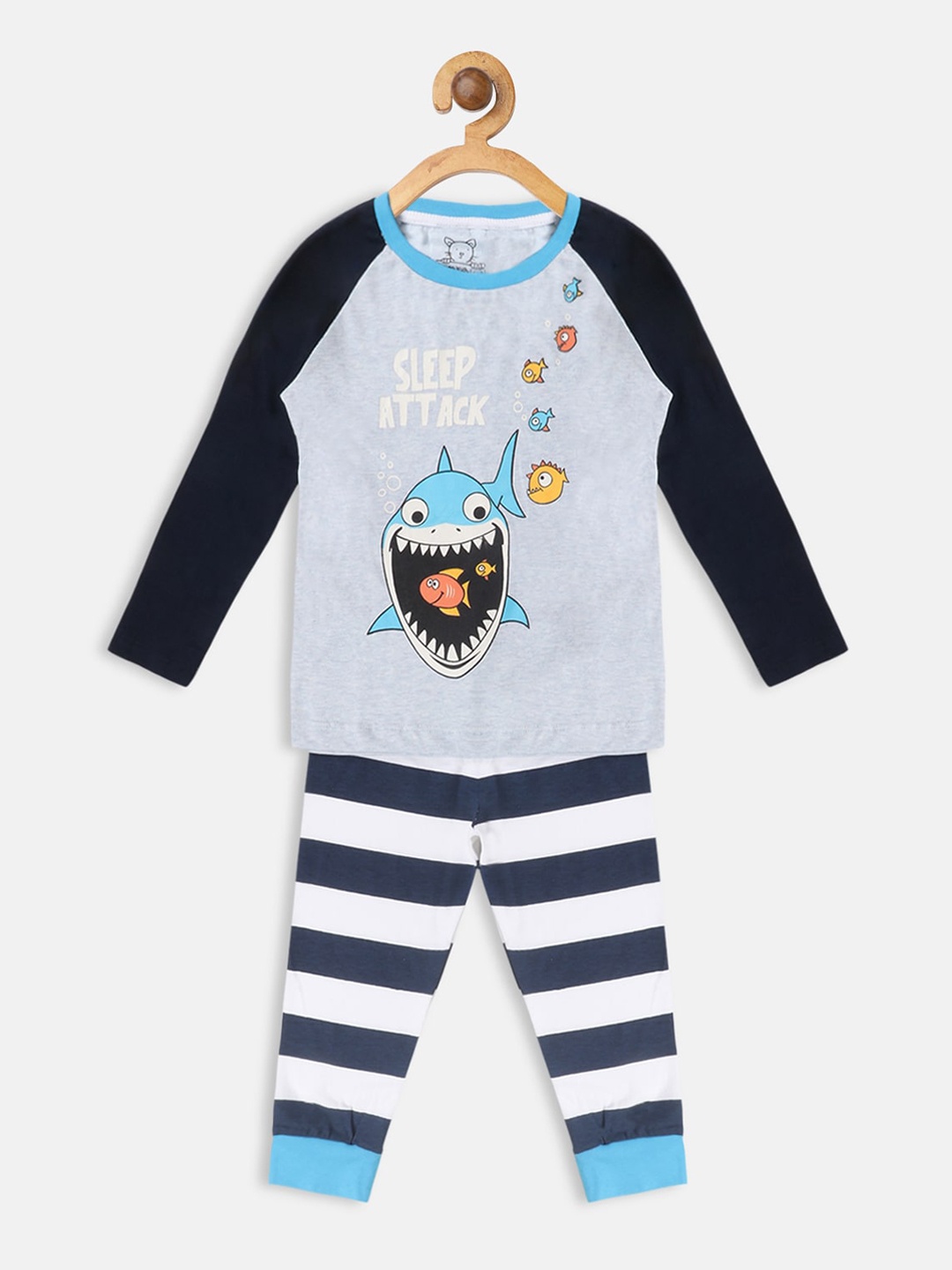 

Lazy Shark Girls Grey & Navy Blue Printed Night suit