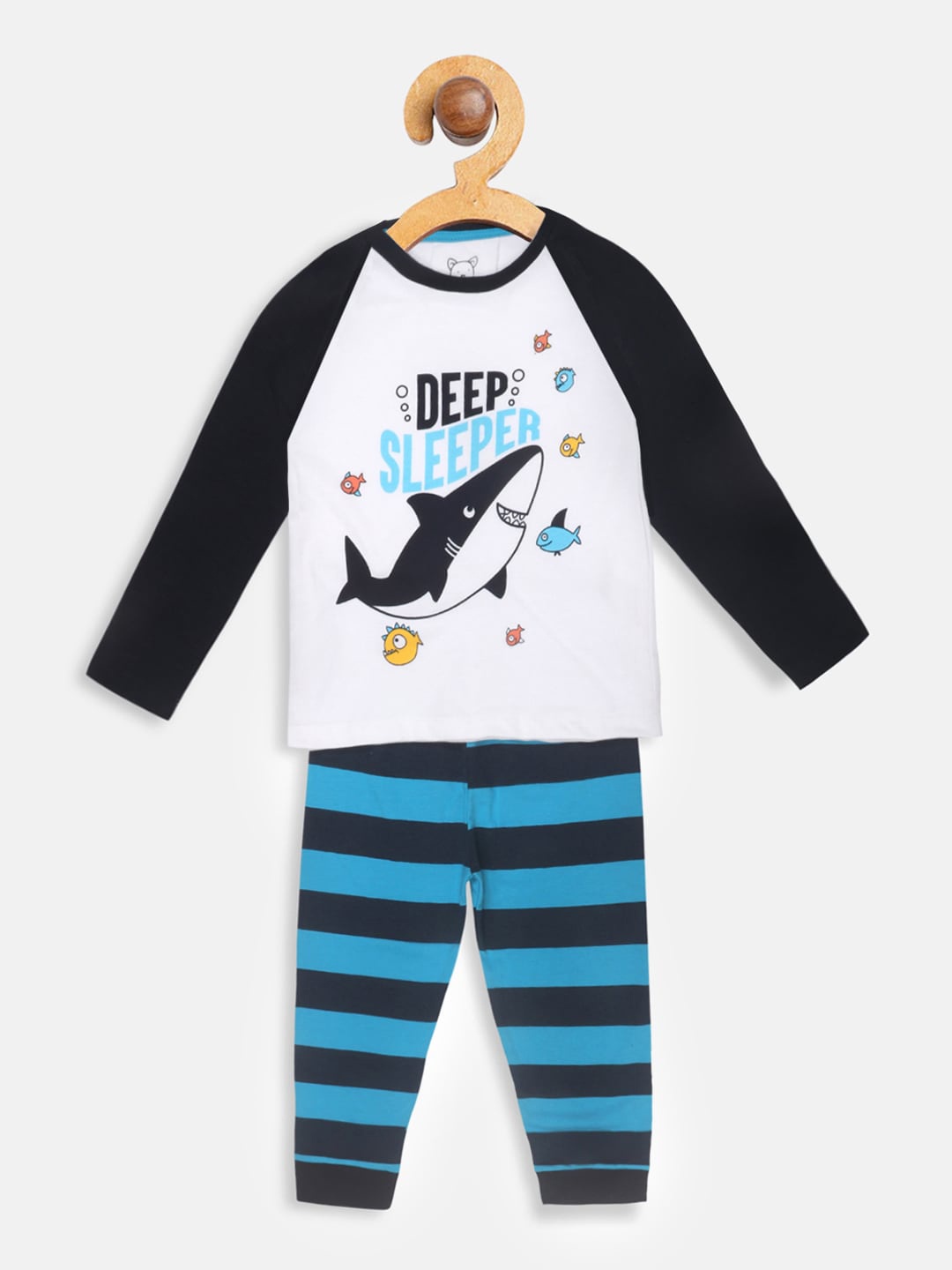 

Lazy Shark Boys White & Navy Blue Printed Night suit