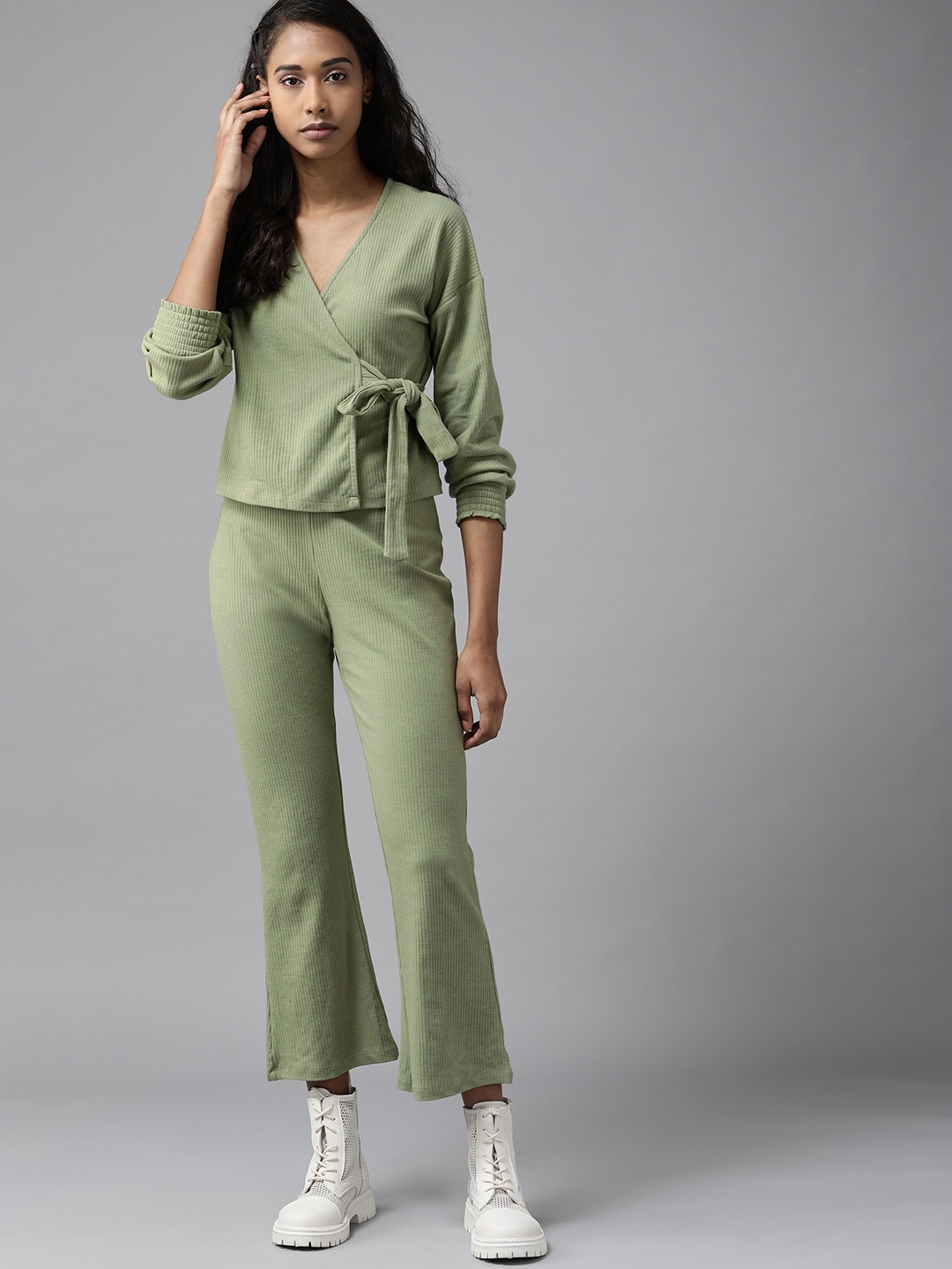 

Roadster Women Green Ribbed Wrap Top with Trousers