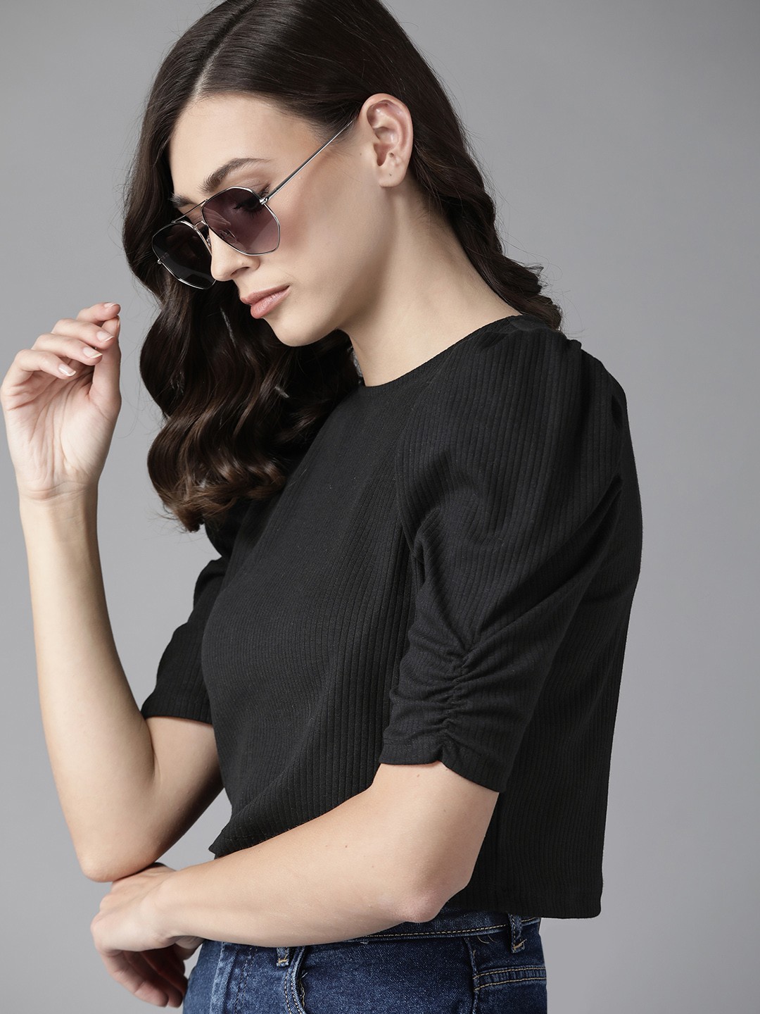 

Roadster Women Black Ribbed Crop Top With Puff Sleeves