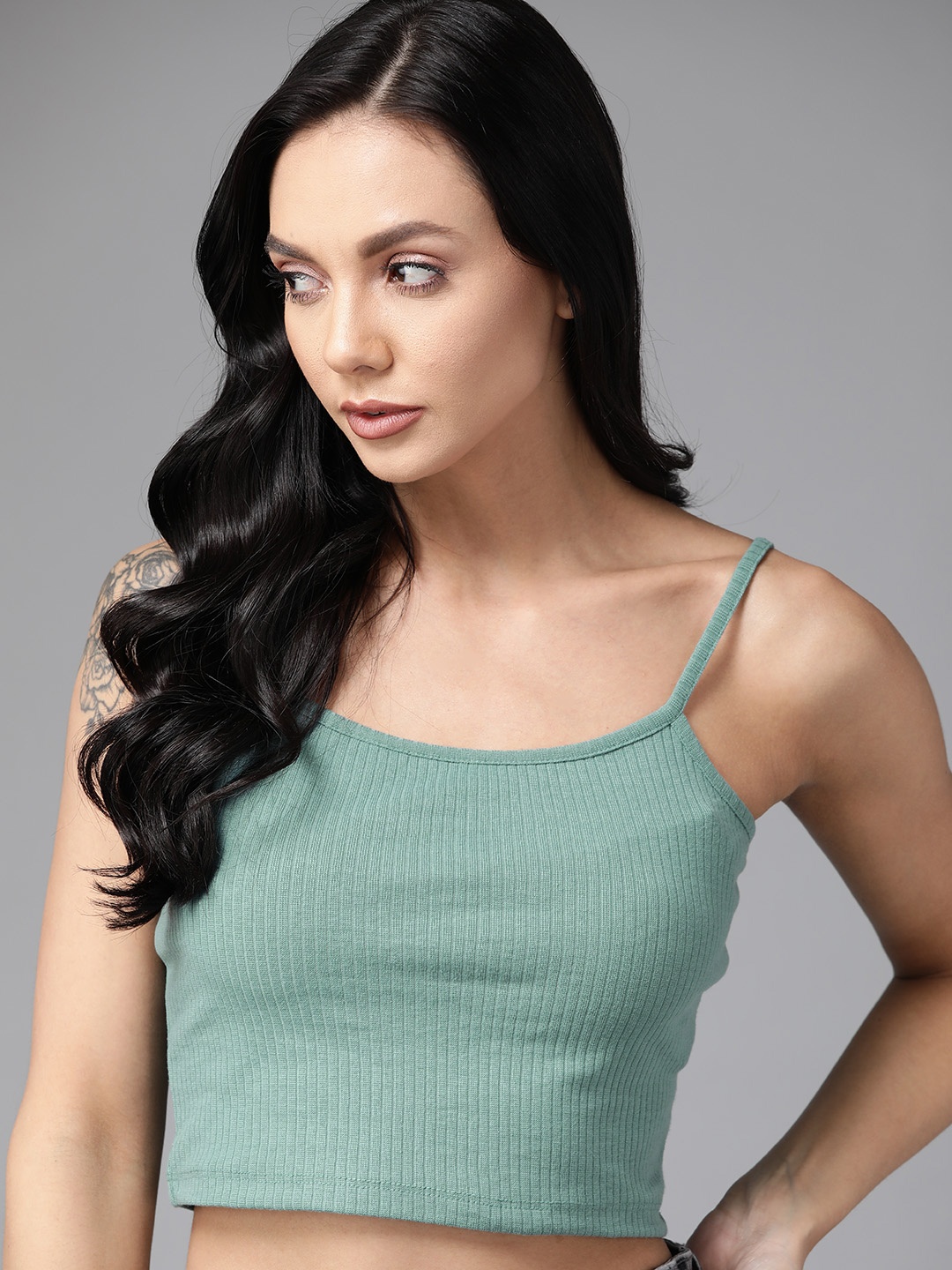 

Roadster Pastel Green Ribbed Cami Crop Top