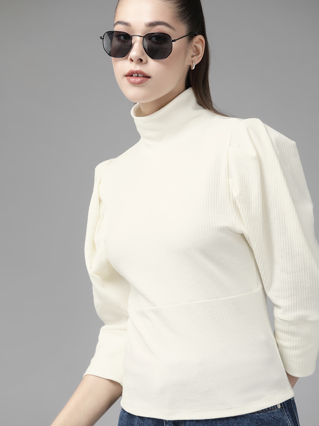

Roadster Women Off White Ribbed High Neck Top