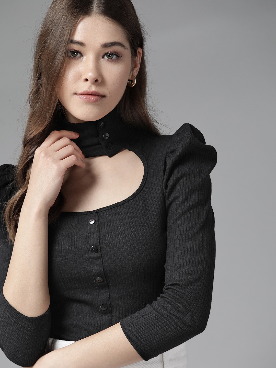 

Roadster Black Ribbed Top with Puff Sleeves