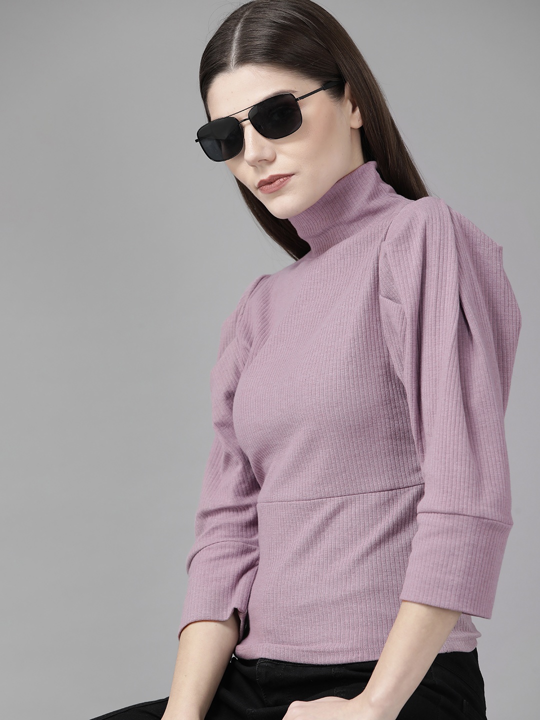 

Roadster Women Purple Ribbed High Neck Top