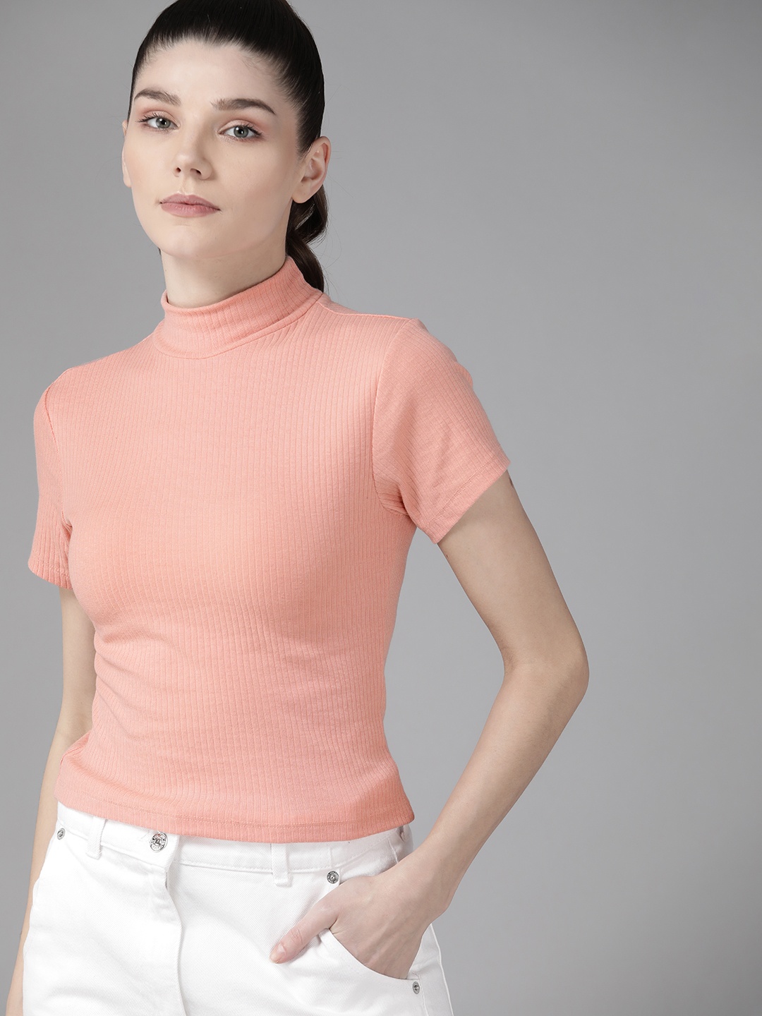 

Roadster Women Peach-Coloured Solid High Neck Ribbed Top
