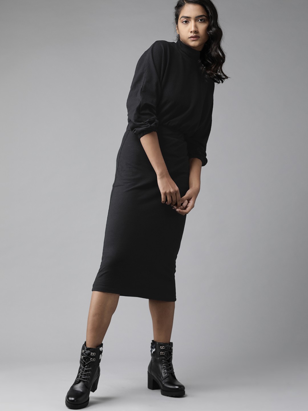 

Roadster Black Ribbed Sheath Midi Dress
