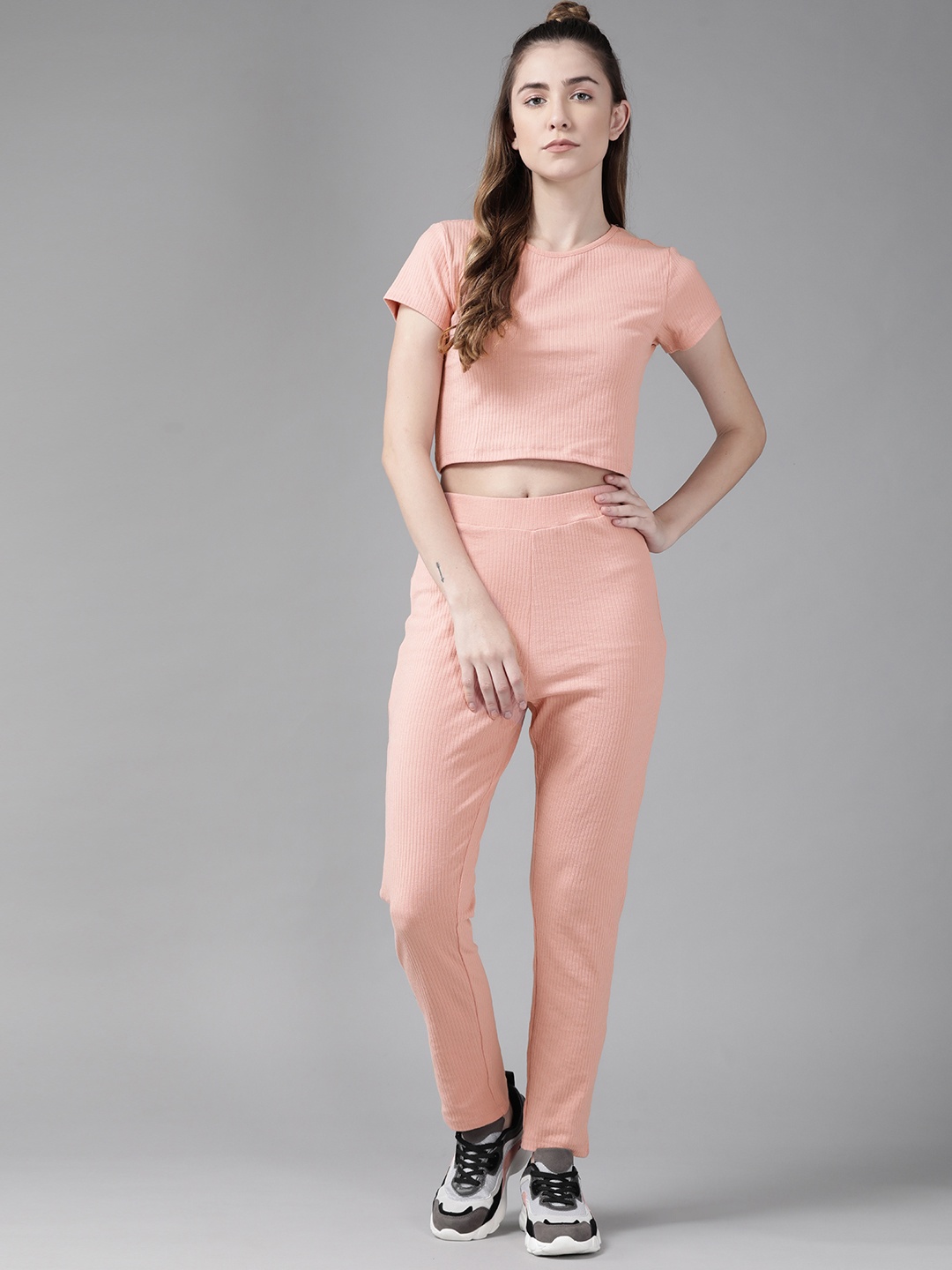 

Roadster Women Pink Ribbed Knit Co-Ords Set