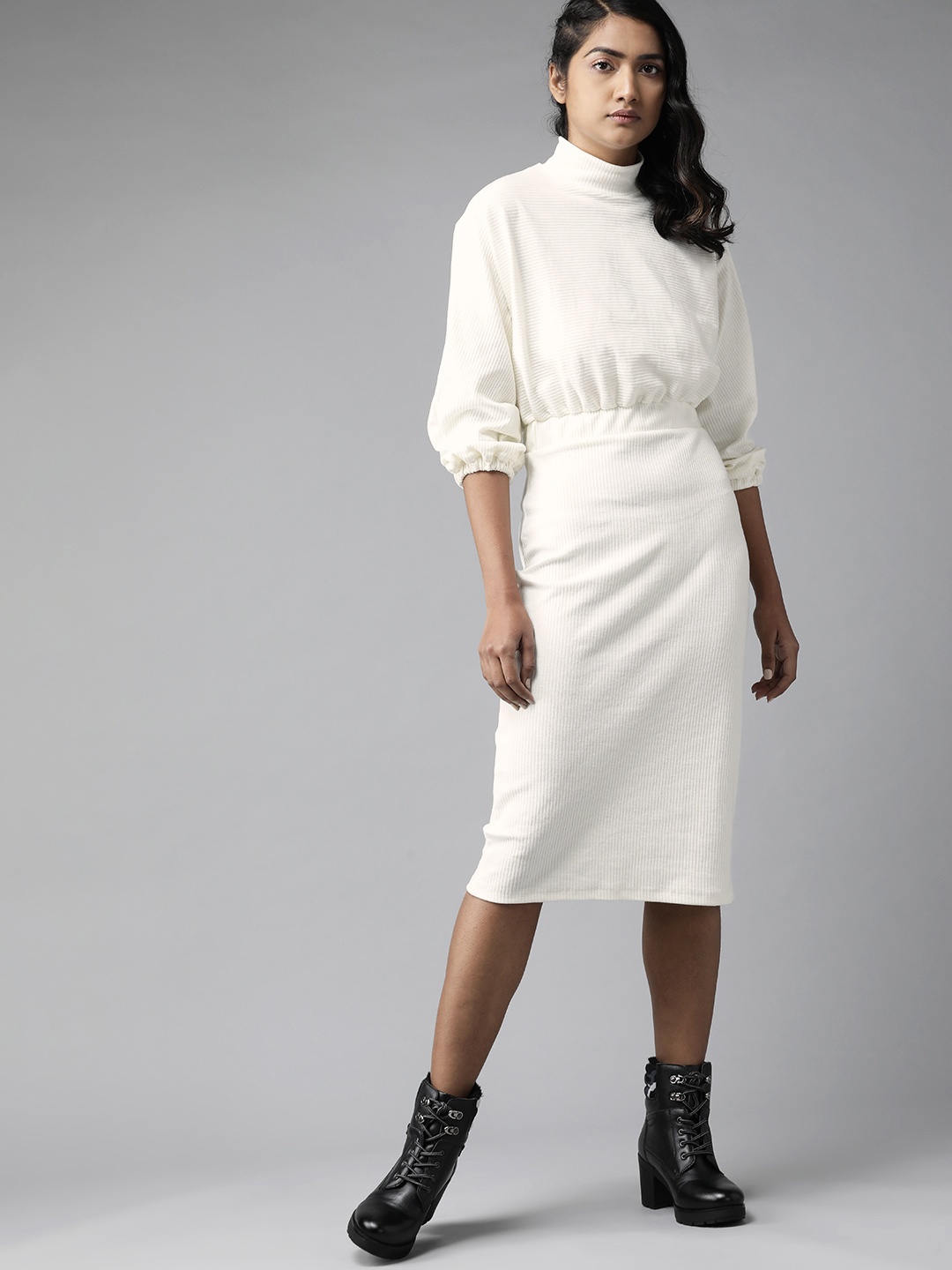 

Roadster Off White Ribbed Sheath Midi Dress